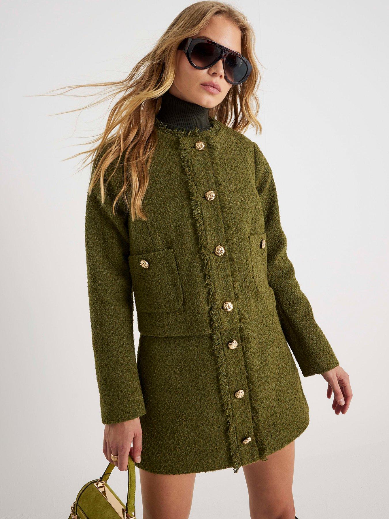 River Island: Boucle Button Front Skirt - Green