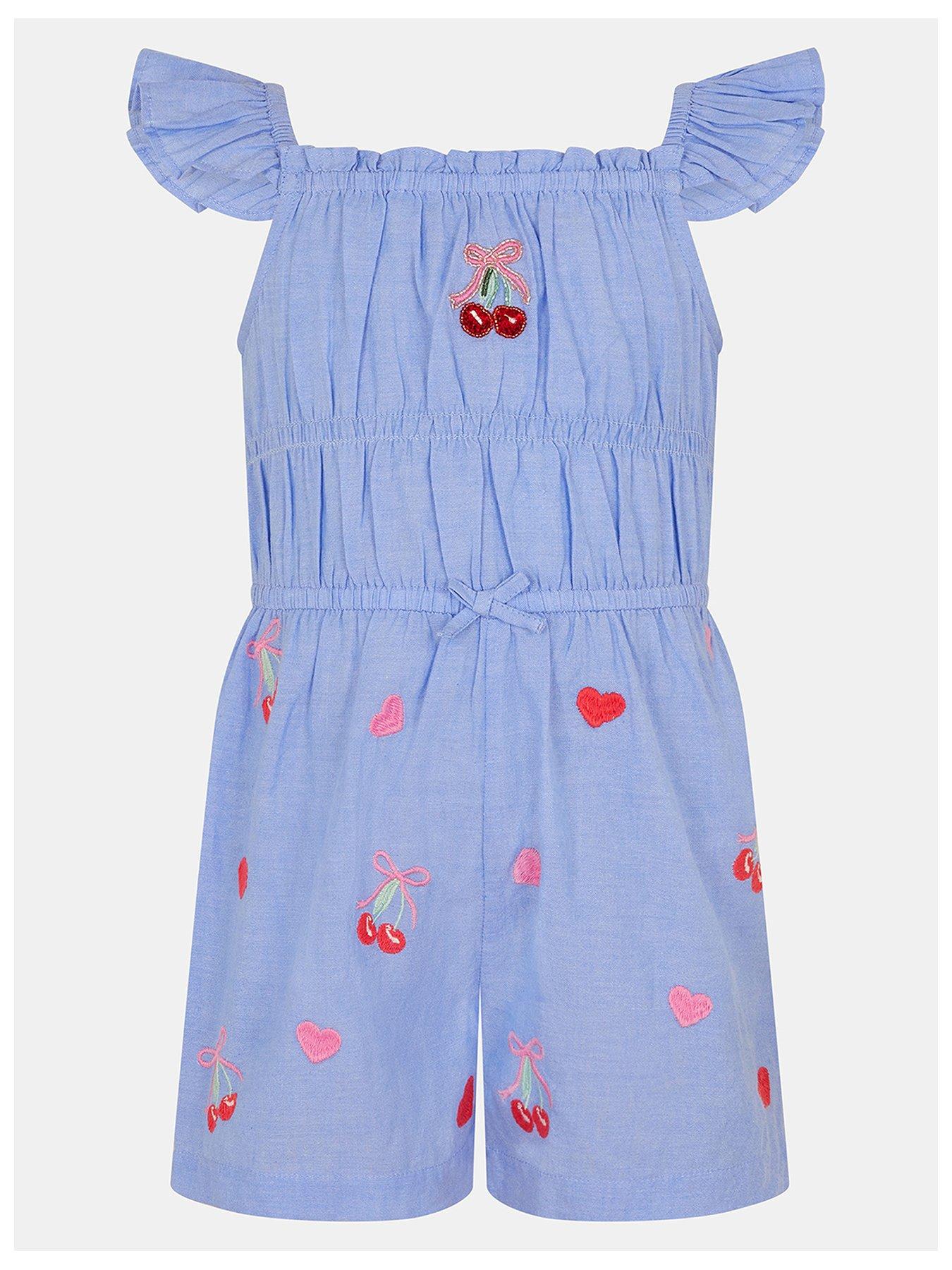 Accessorize Girls Embroidered Cherry Heart Playsuit - Blue