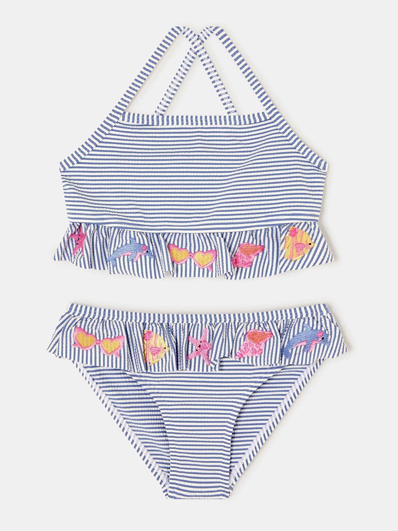 Accessorize Girls Embroidered Stripe Tankini, Blue, Size Age: 11-12 Years