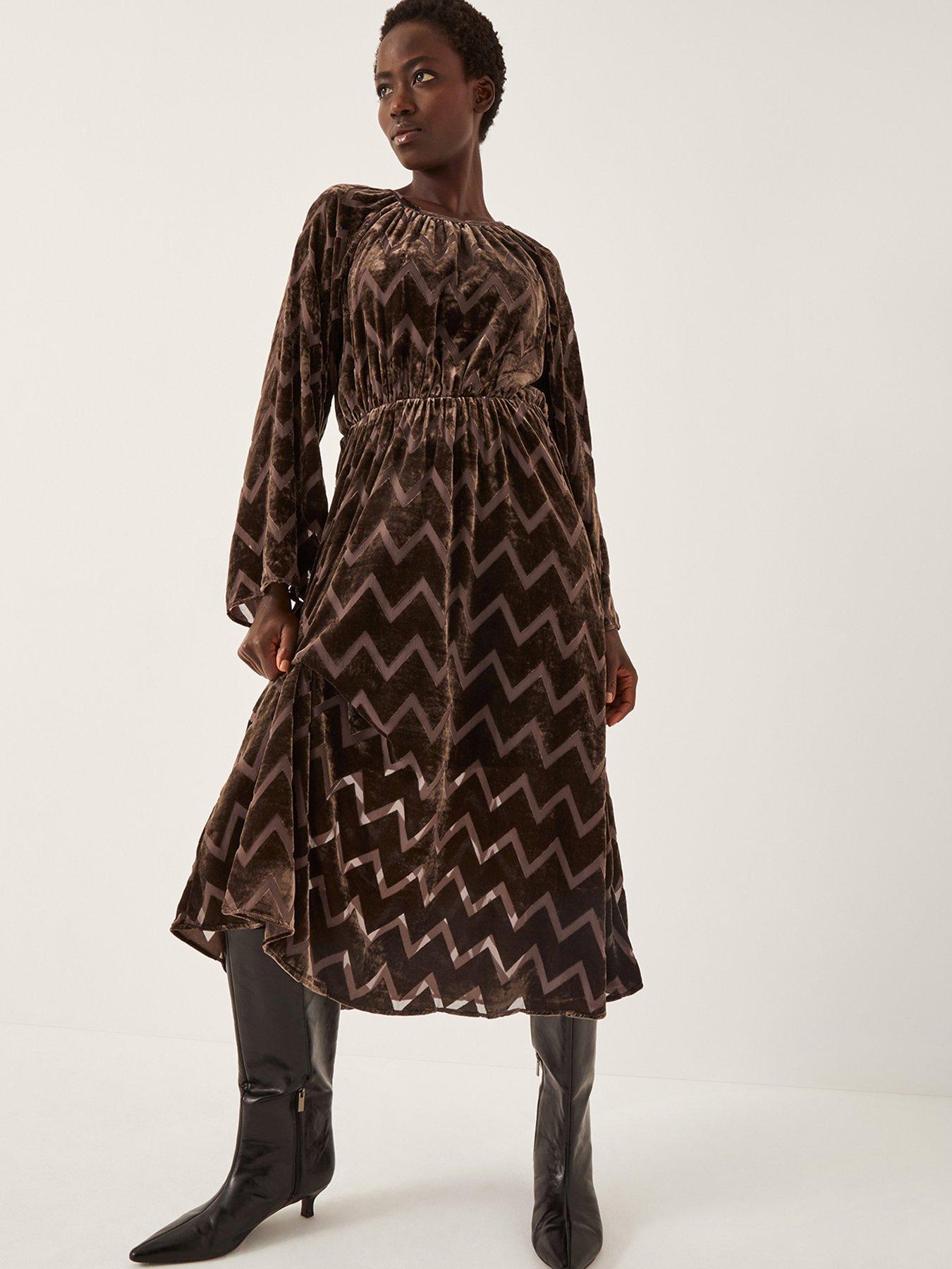Monsoon Keisha Geometric Velvet Dress - Brown