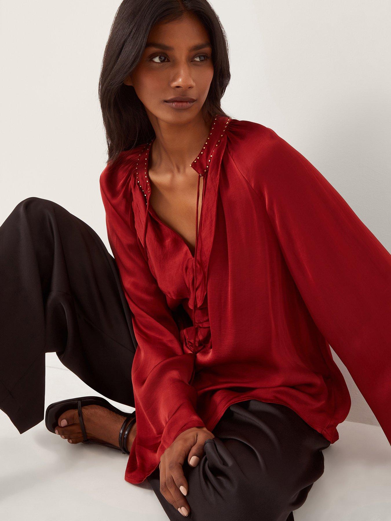 Monsoon Arlette Frill Satin Blouse - Red