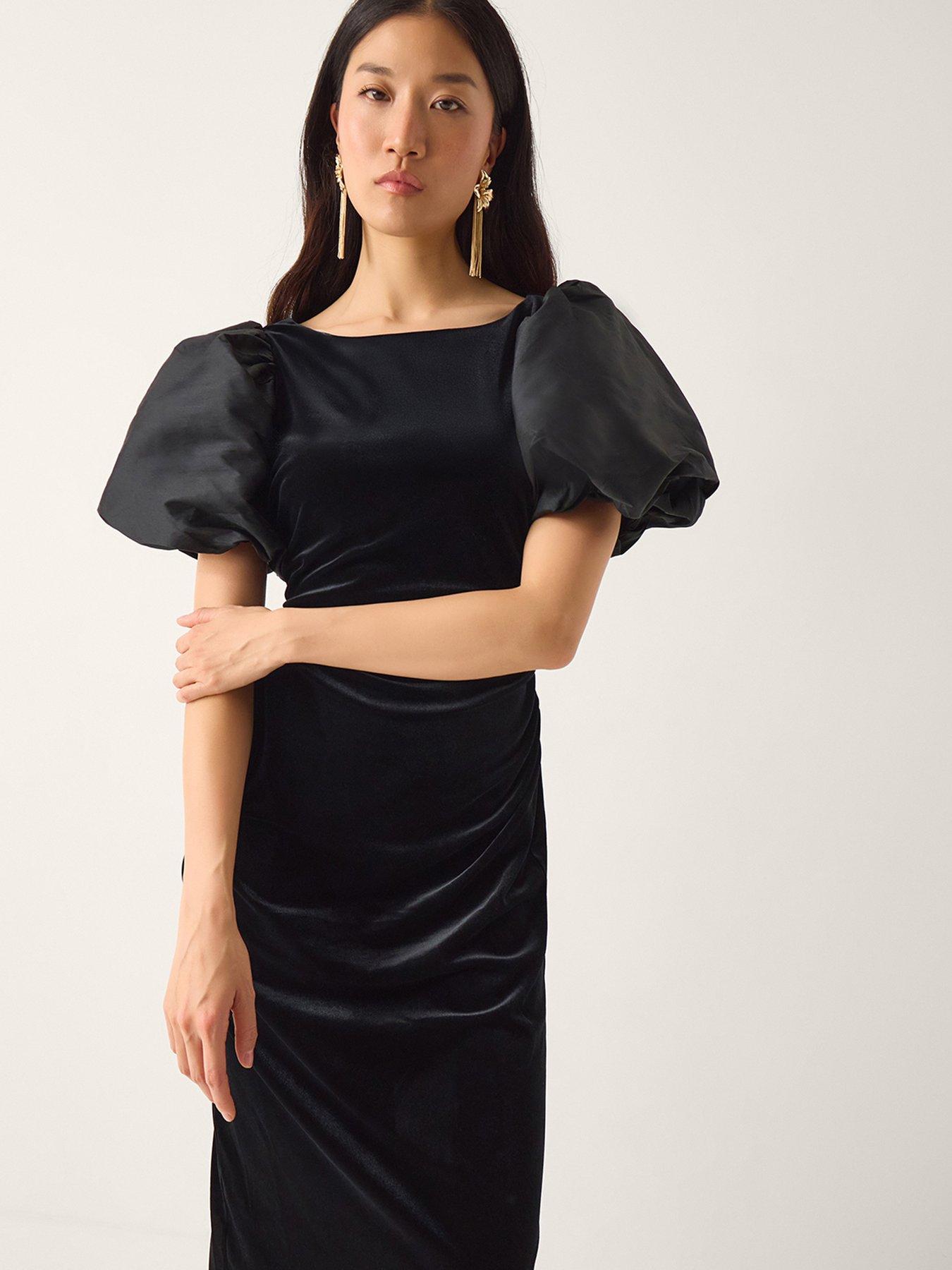 Monsoon Sadie Puff Sleeve Velvet Midi Dress - Black