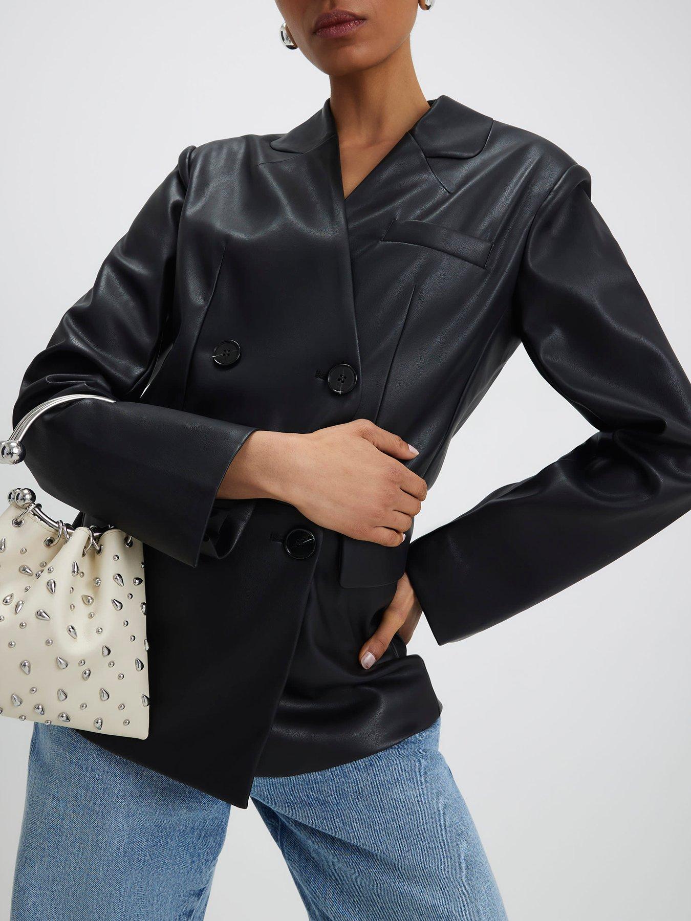 River Island Collarless PU Double Breasted Blazer - Black