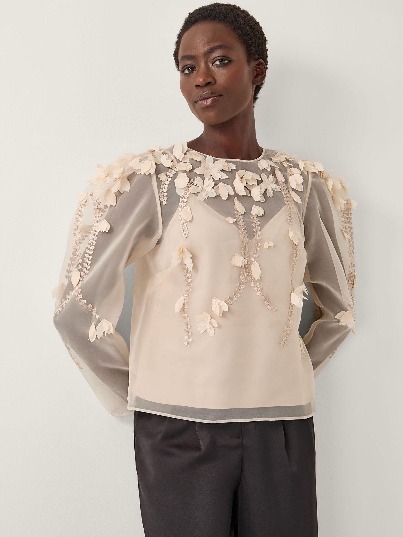 Monsoon Gwen Floral Appliqué Organza Top - Cream