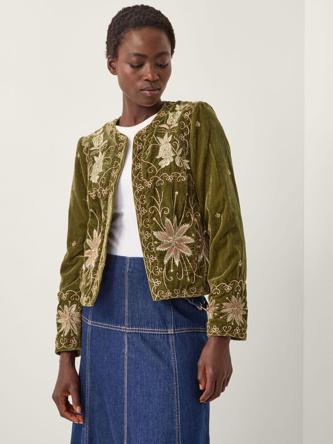 Monsoon Magda Velvet Embroidered Jacket - Green