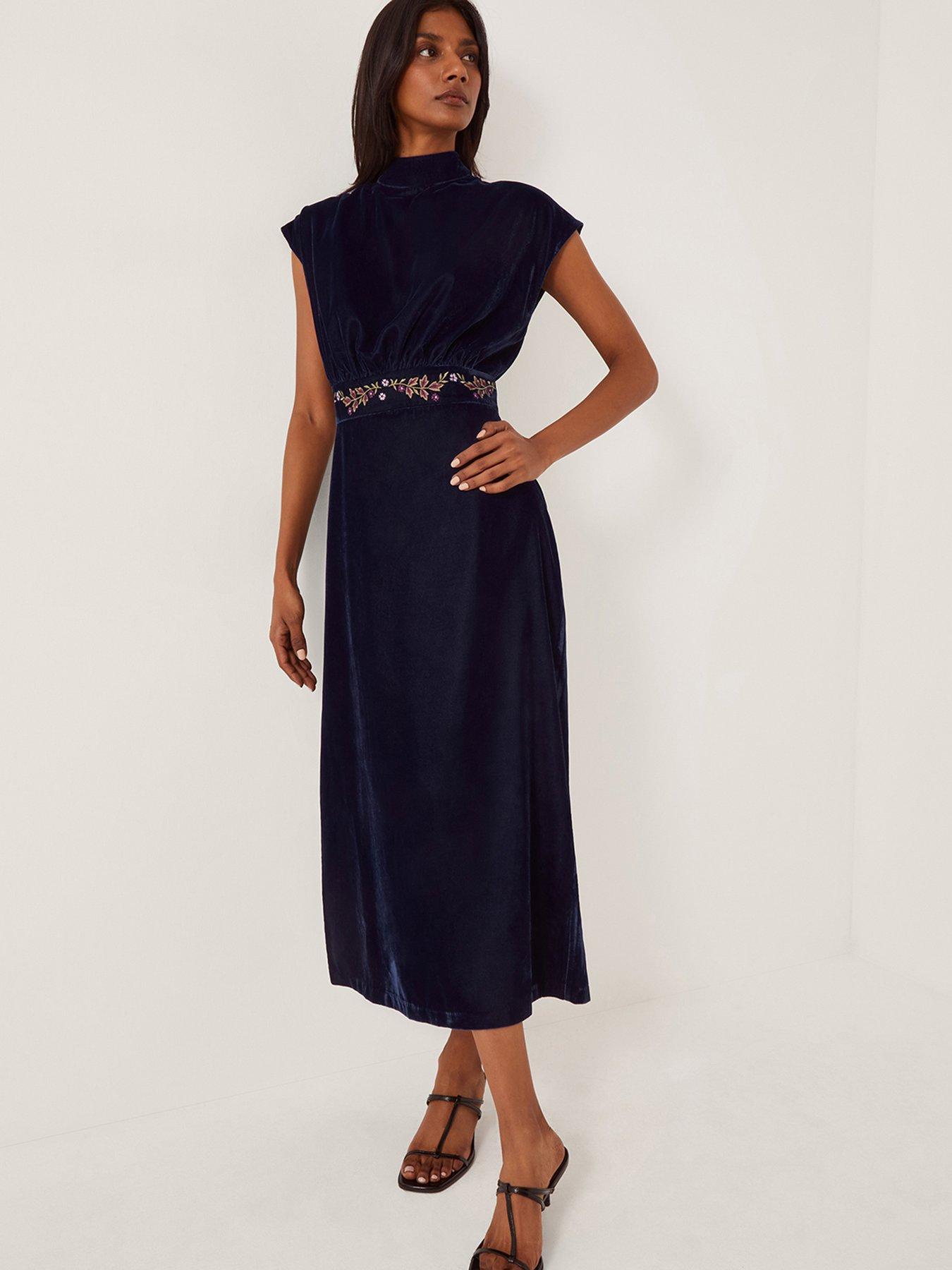 Monsoon Grace Embroidered Velvet Midi Dress - Blue