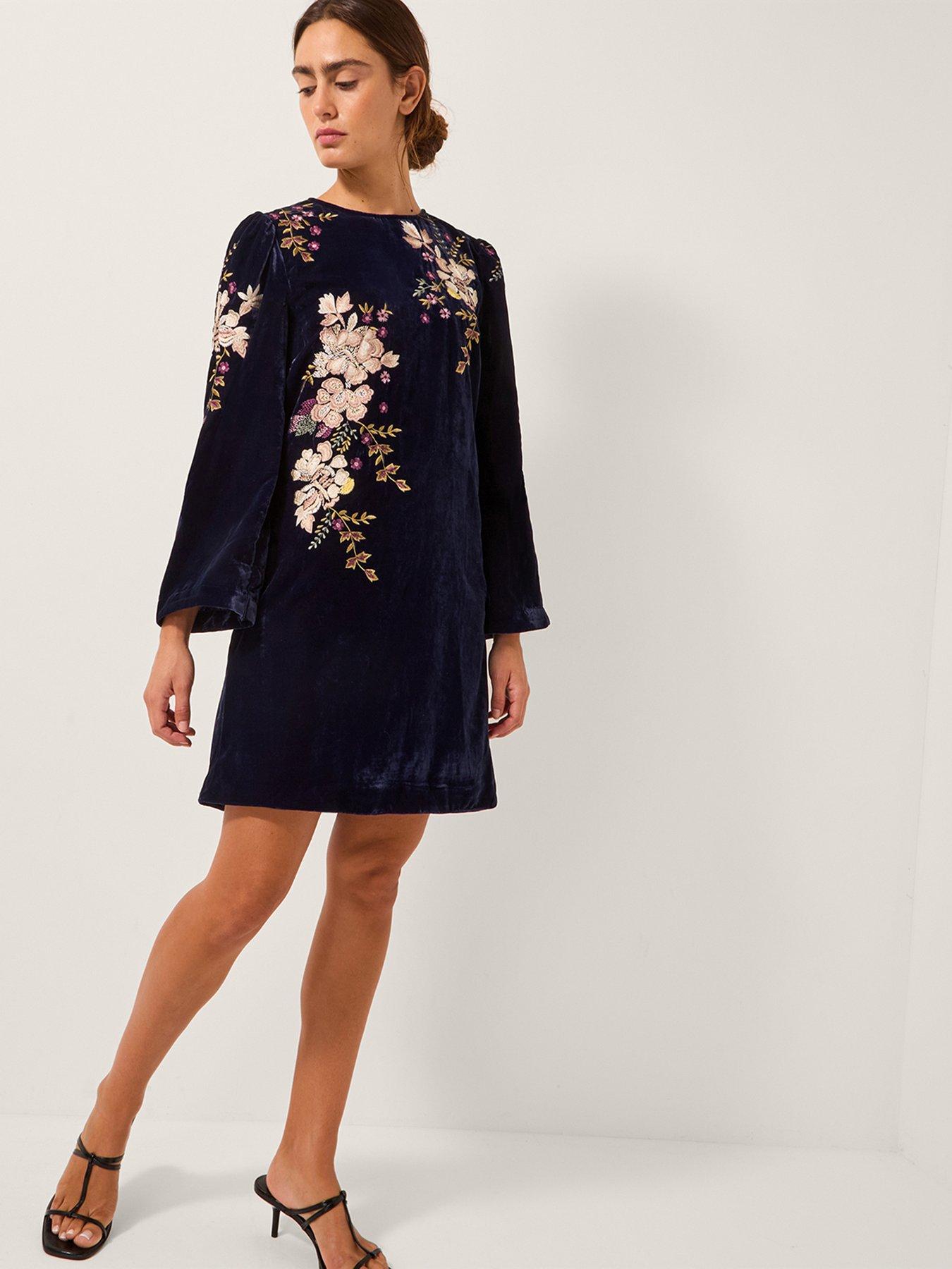 Monsoon Fallon Embroidered Velvet Dress - Blue