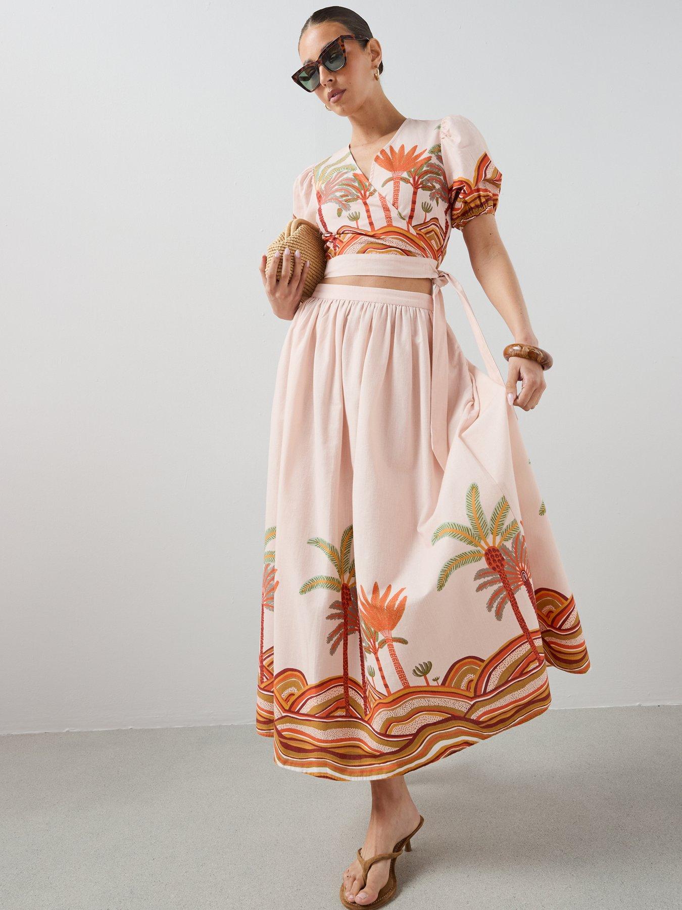 Image 1 of 7 of The Very Collection Tropical Print Maxi Co-Ord Skirt - Orange