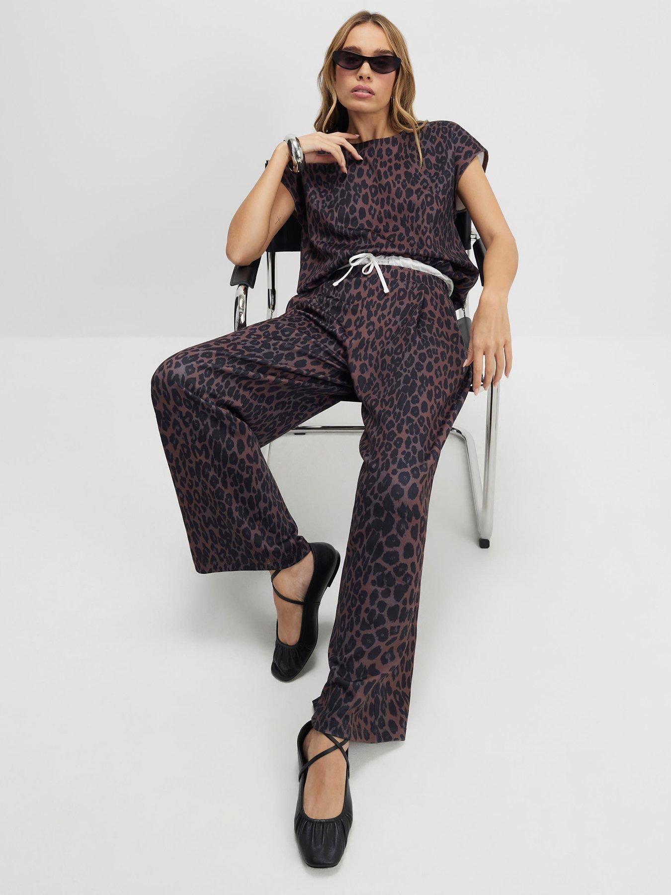 River Island Leopard Print Wide Leg Trousers - Black