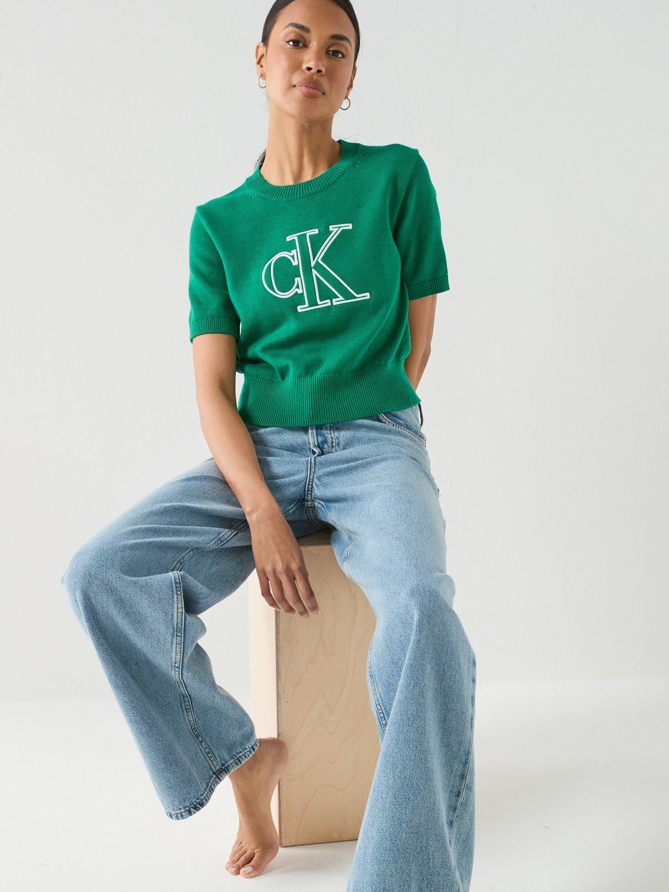 Image 1 of 6 of Calvin Klein Jeans Logo Short Sleeve Knitted Top - Green