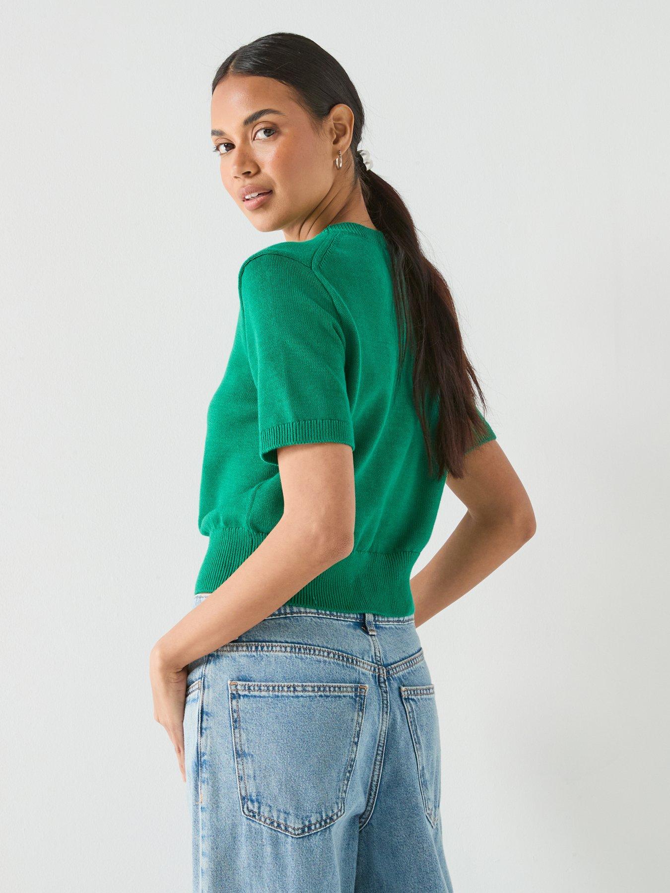 Image 2 of 6 of Calvin Klein Jeans Logo Short Sleeve Knitted Top - Green