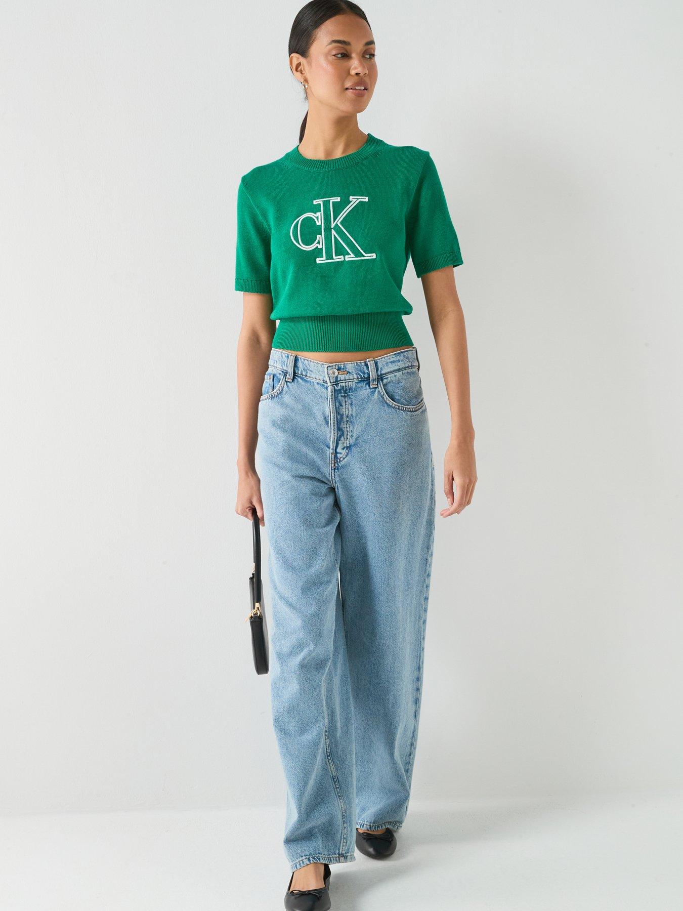 Image 3 of 6 of Calvin Klein Jeans Logo Short Sleeve Knitted Top - Green