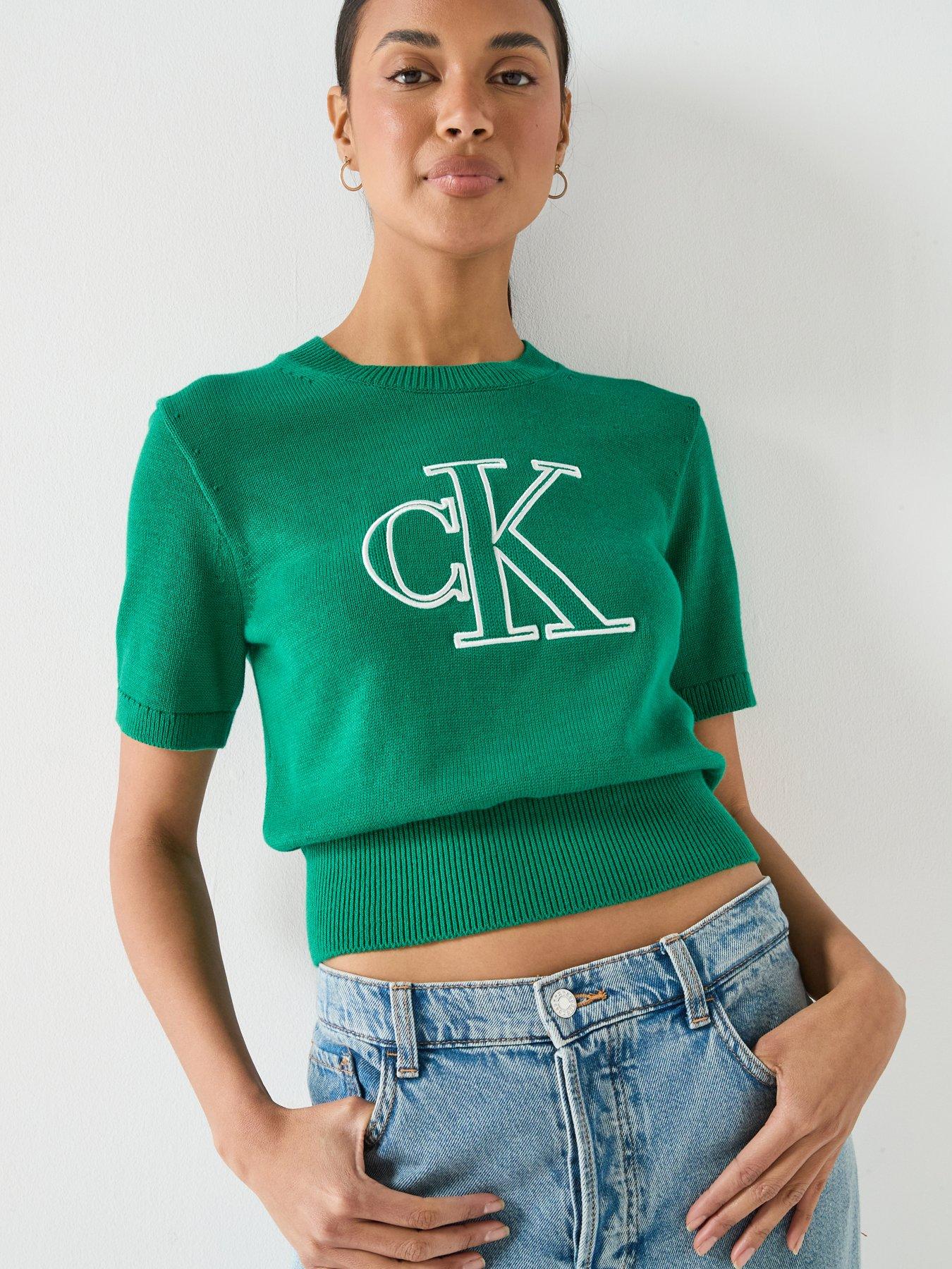 Image 4 of 6 of Calvin Klein Jeans Logo Short Sleeve Knitted Top - Green