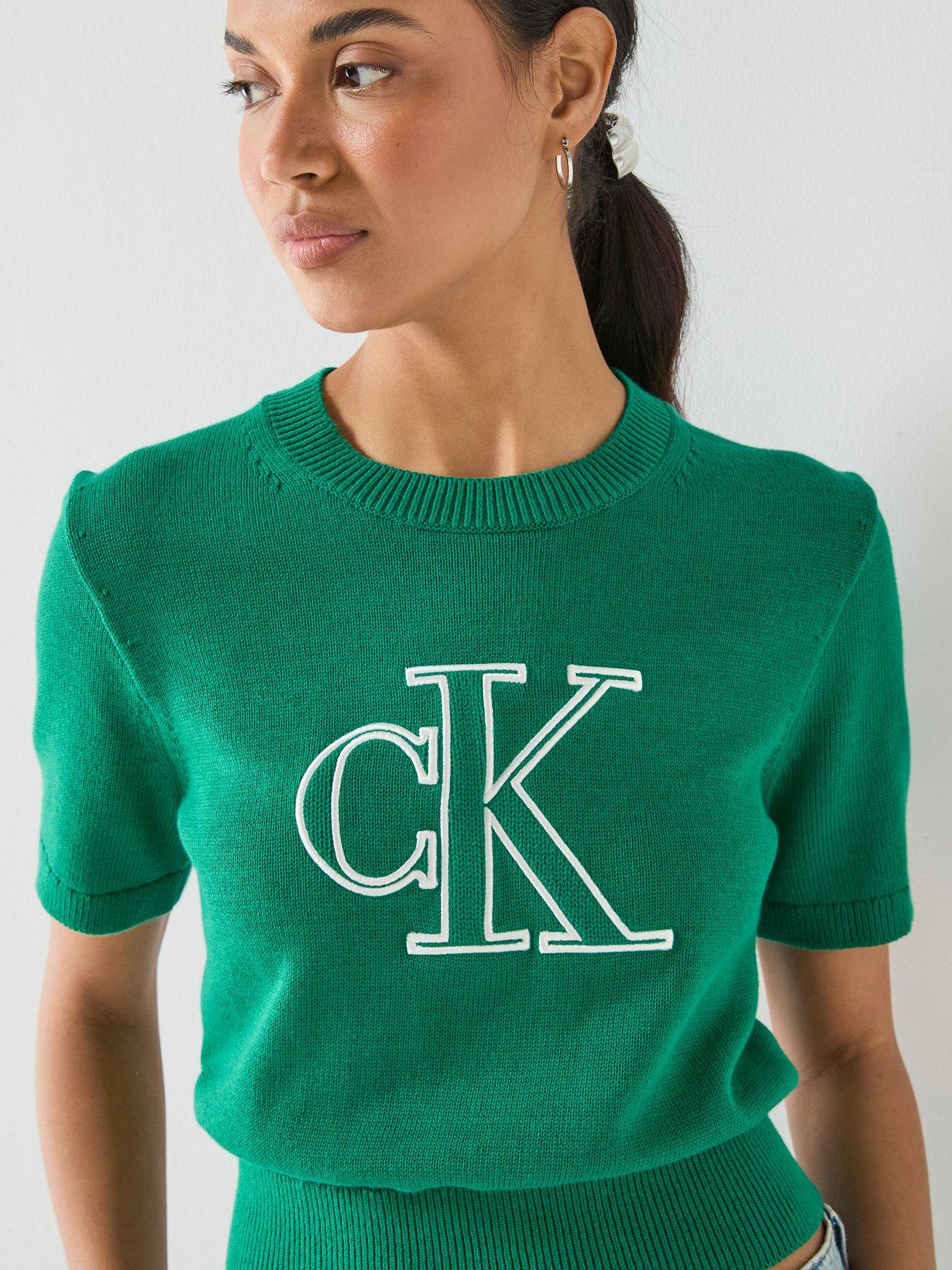 Image 5 of 6 of Calvin Klein Jeans Logo Short Sleeve Knitted Top - Green
