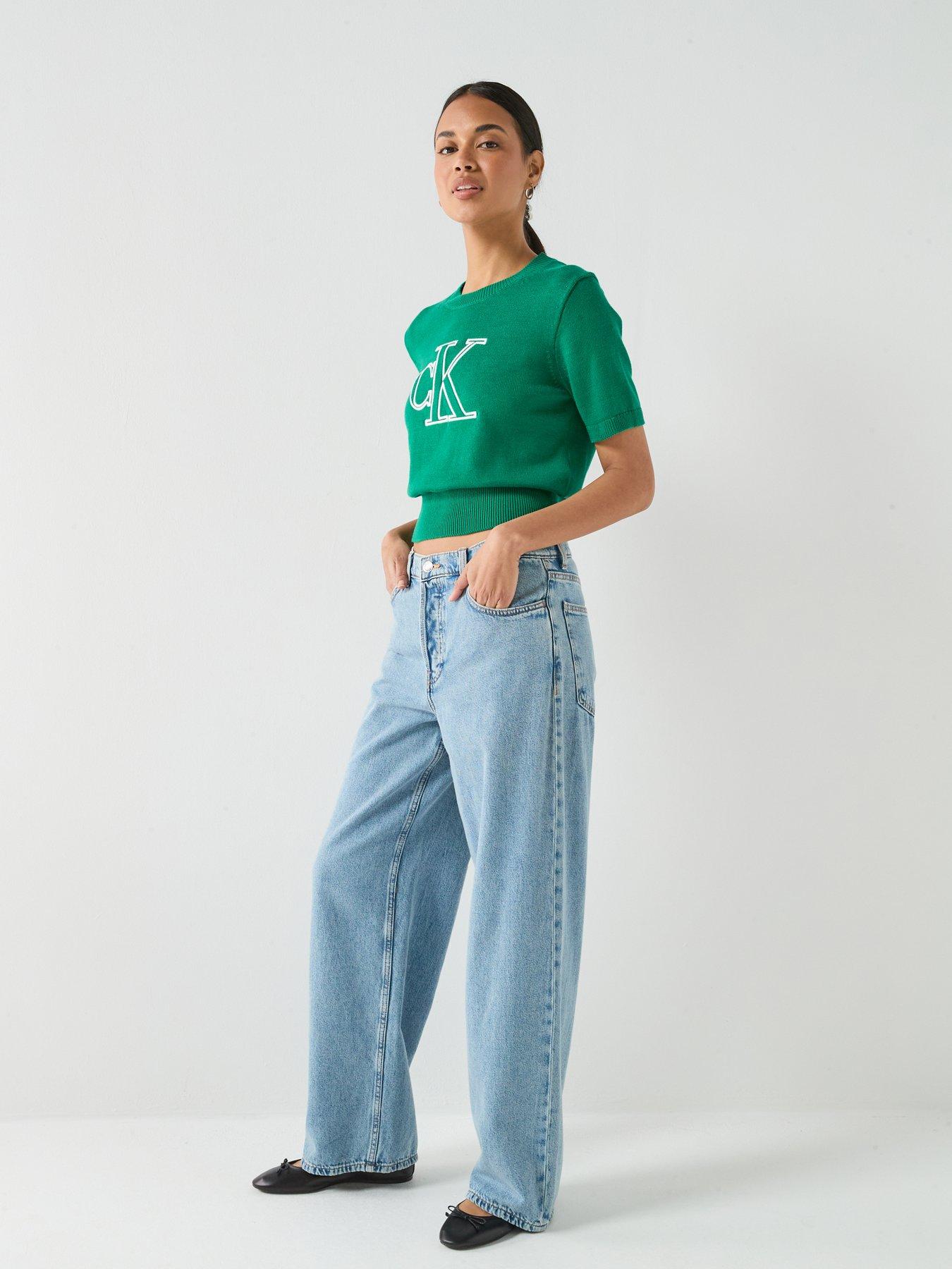 Image 6 of 6 of Calvin Klein Jeans Logo Short Sleeve Knitted Top - Green