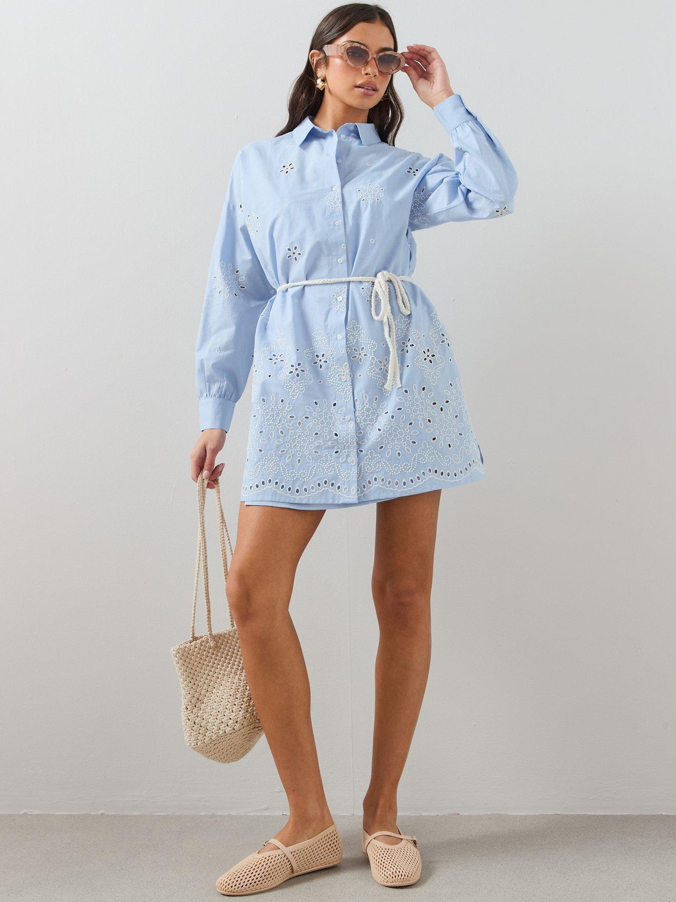The Very Collection Contrast Broderie Belted Long Sleeve Shirt Dress - Blue