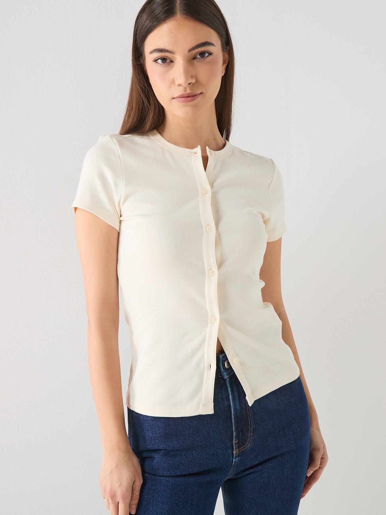 Calvin Klein Jeans Short Sleeve 1X1 Refined Rib Button Up Top - Cream