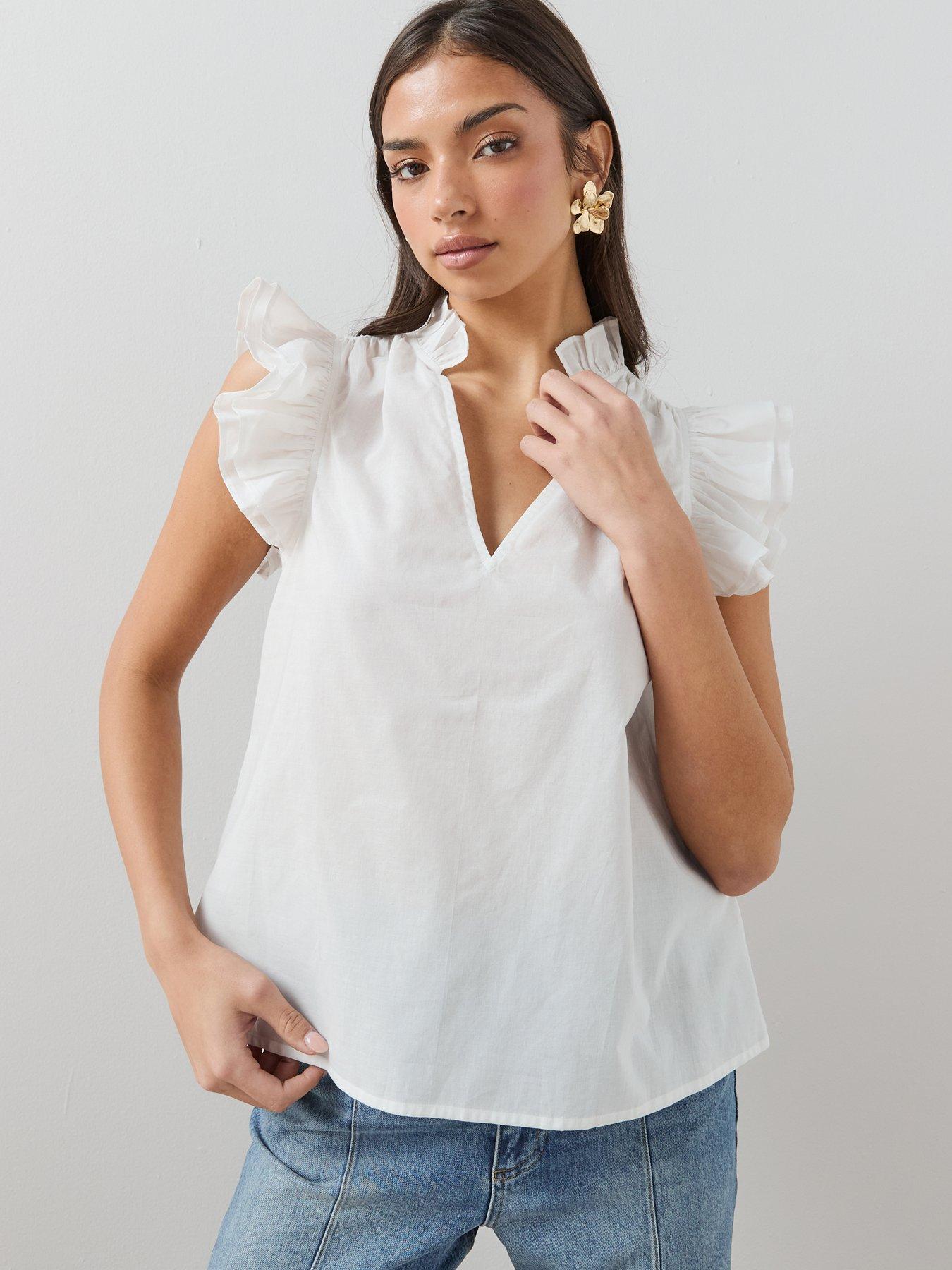 Image 1 of 7 of The Very Collection Frill Sleeve Detail Blouse - White
