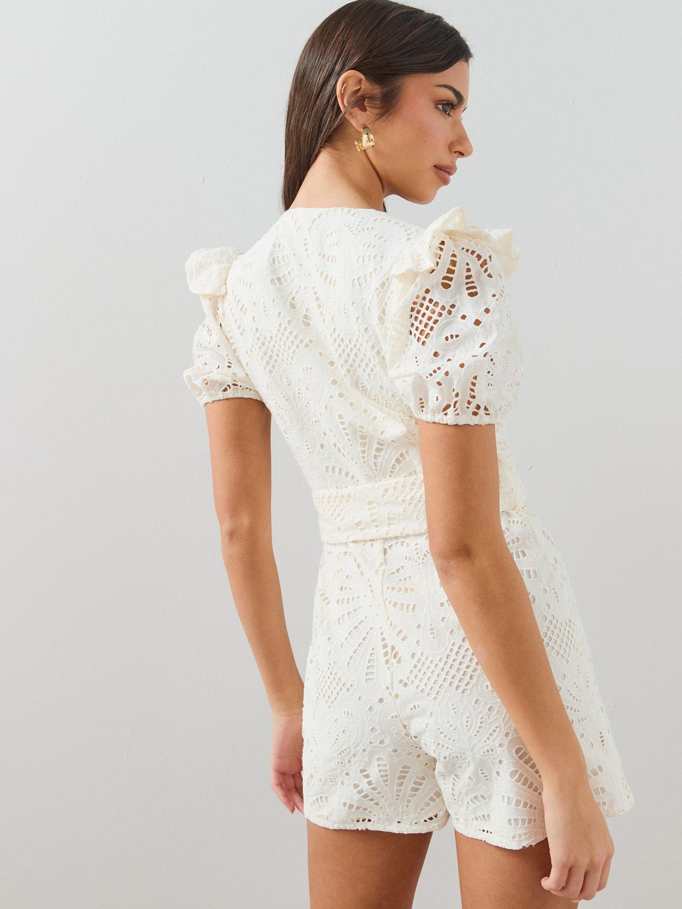 Image 2 of 7 of The Very Collection Belted Frill Detail Broderie Playsuit - White