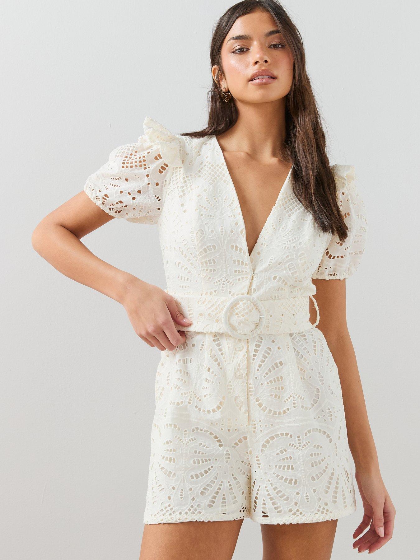 Image 3 of 7 of The Very Collection Belted Frill Detail Broderie Playsuit - White