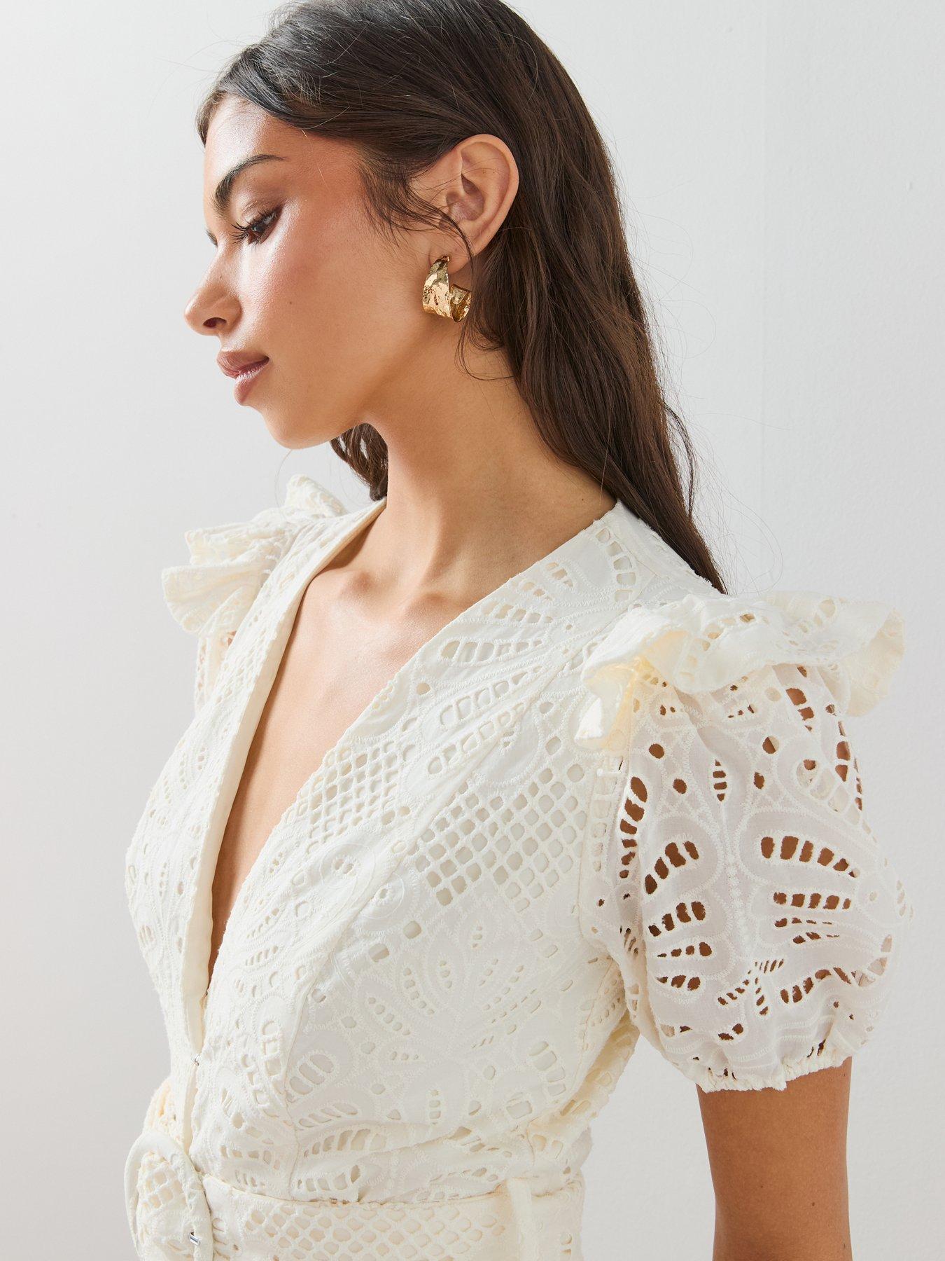 Image 5 of 7 of The Very Collection Belted Frill Detail Broderie Playsuit - White