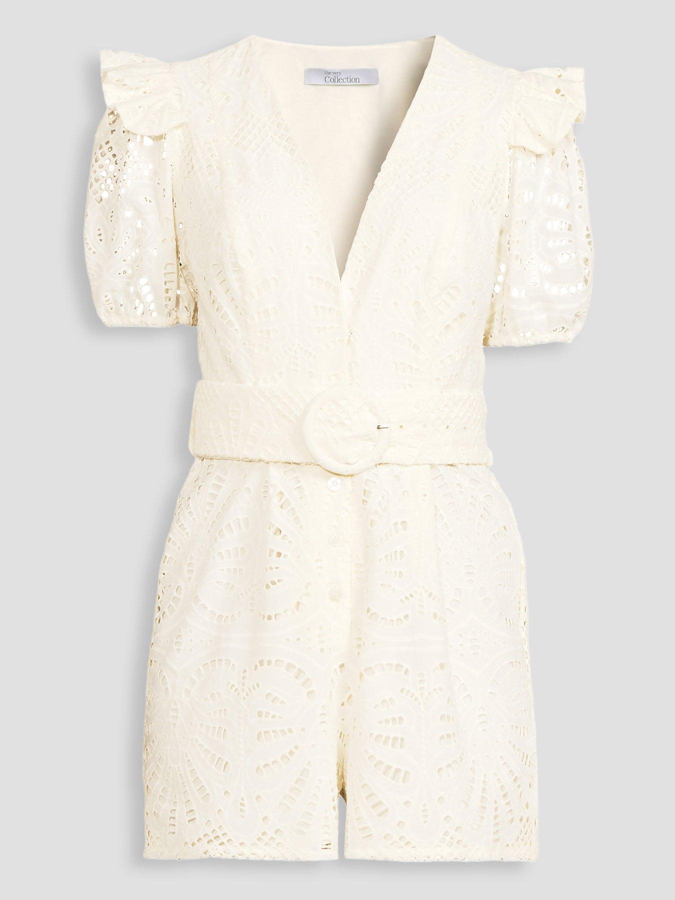 Image 7 of 7 of The Very Collection Belted Frill Detail Broderie Playsuit - White