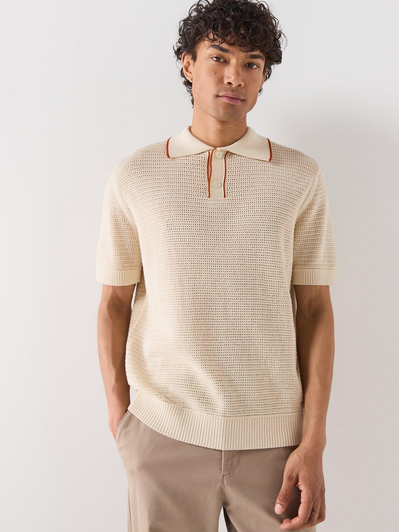 Selected Short Sleeve Knit Open Structure Polo Shirt - Beige