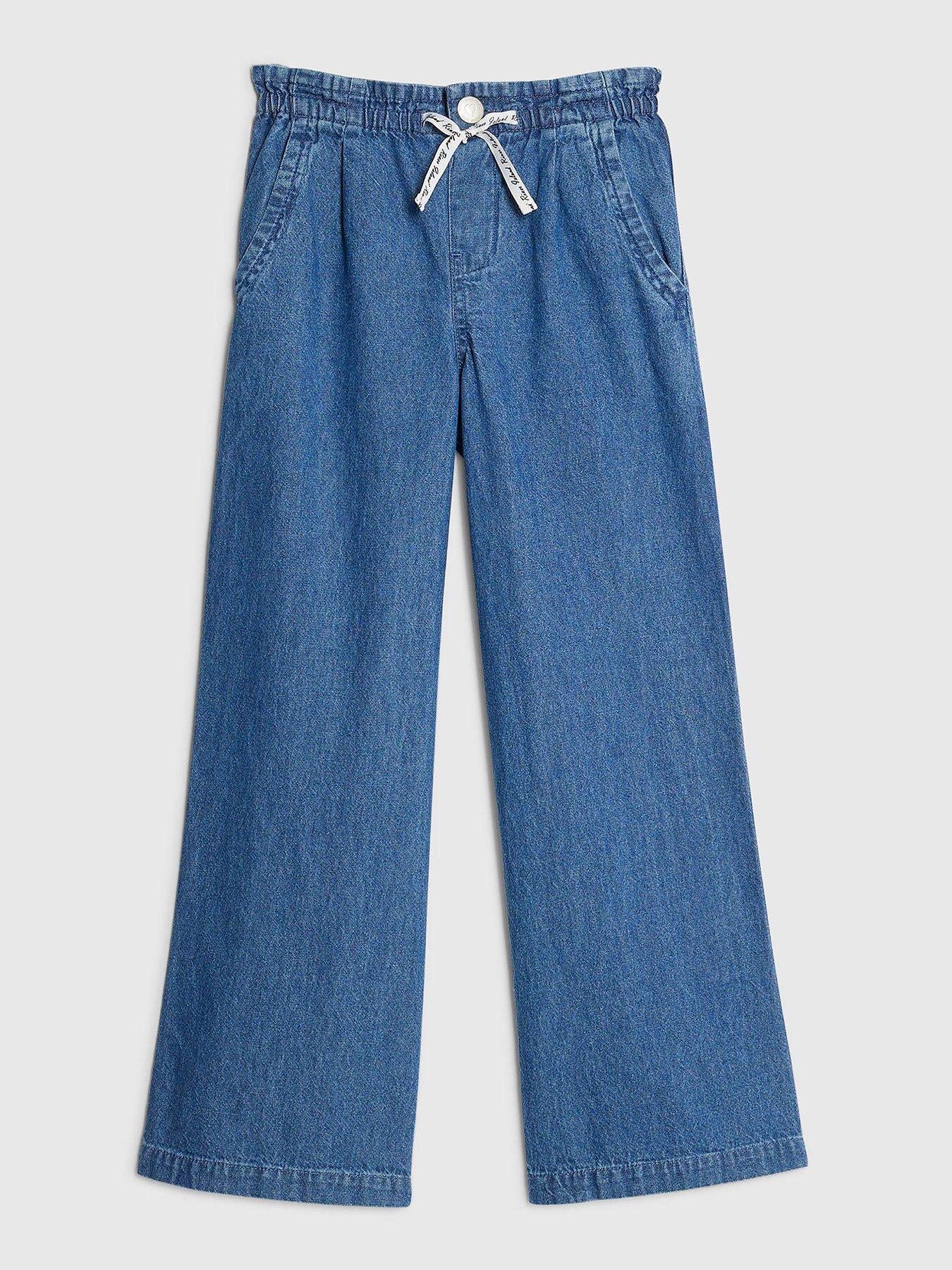 River Island Older Girls Wide Leg Pull On Jeans, Blue, Size Age: 5 Years