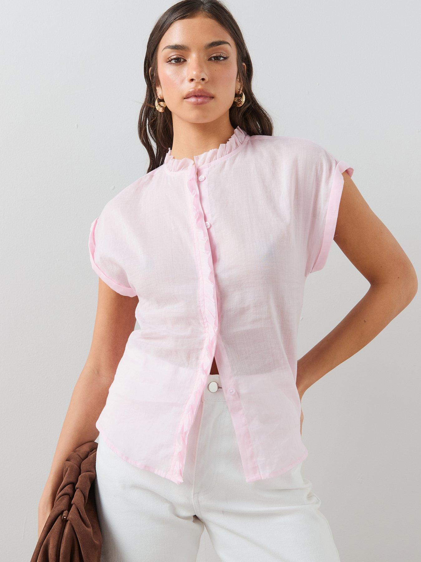 The Very Collection Short Sleeve Mandarin Collar Blouse With Ruffle Trim - Pink