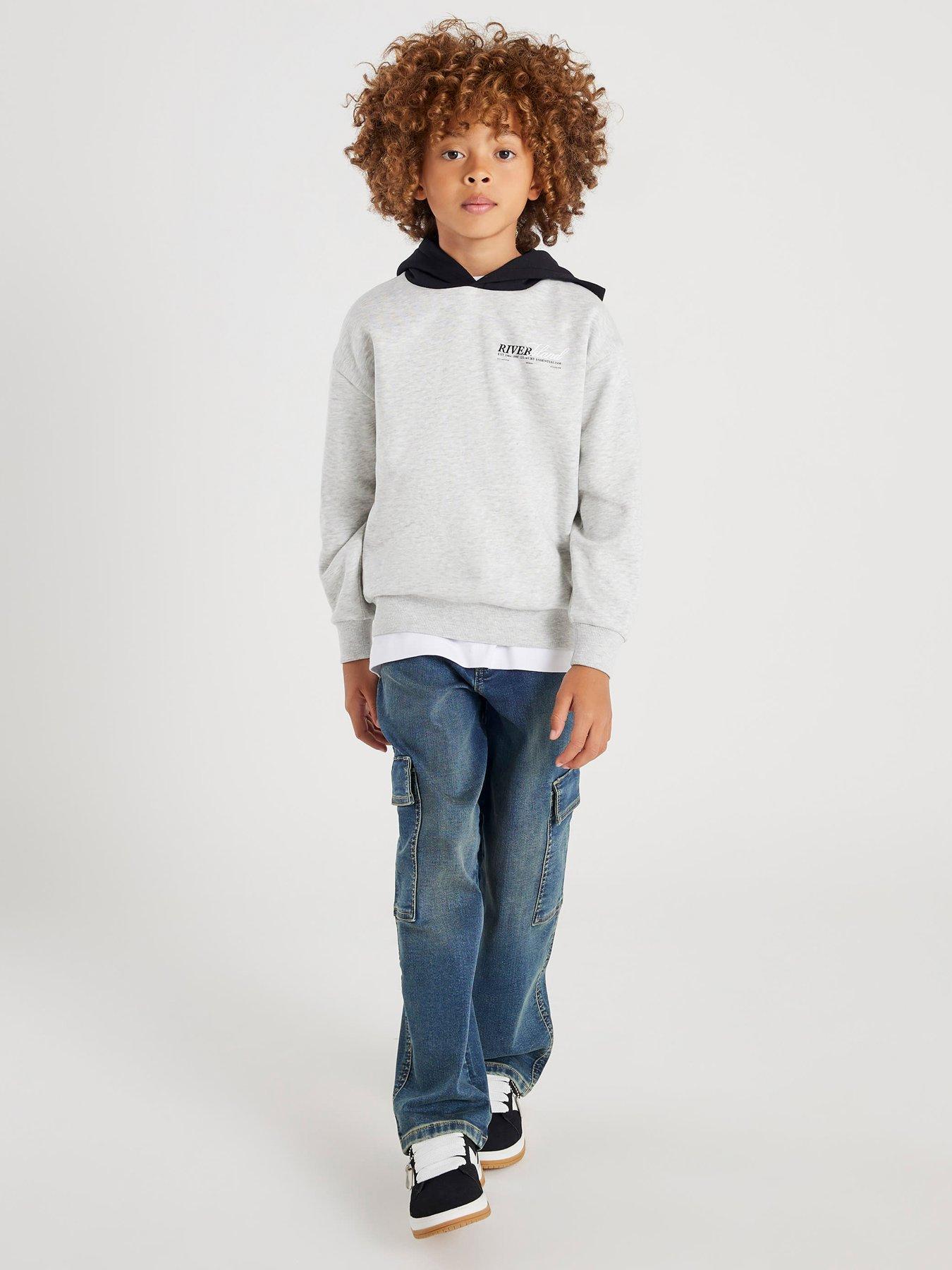 River Island: Older Boys Back Print Colour Block Hoodie - Grey
