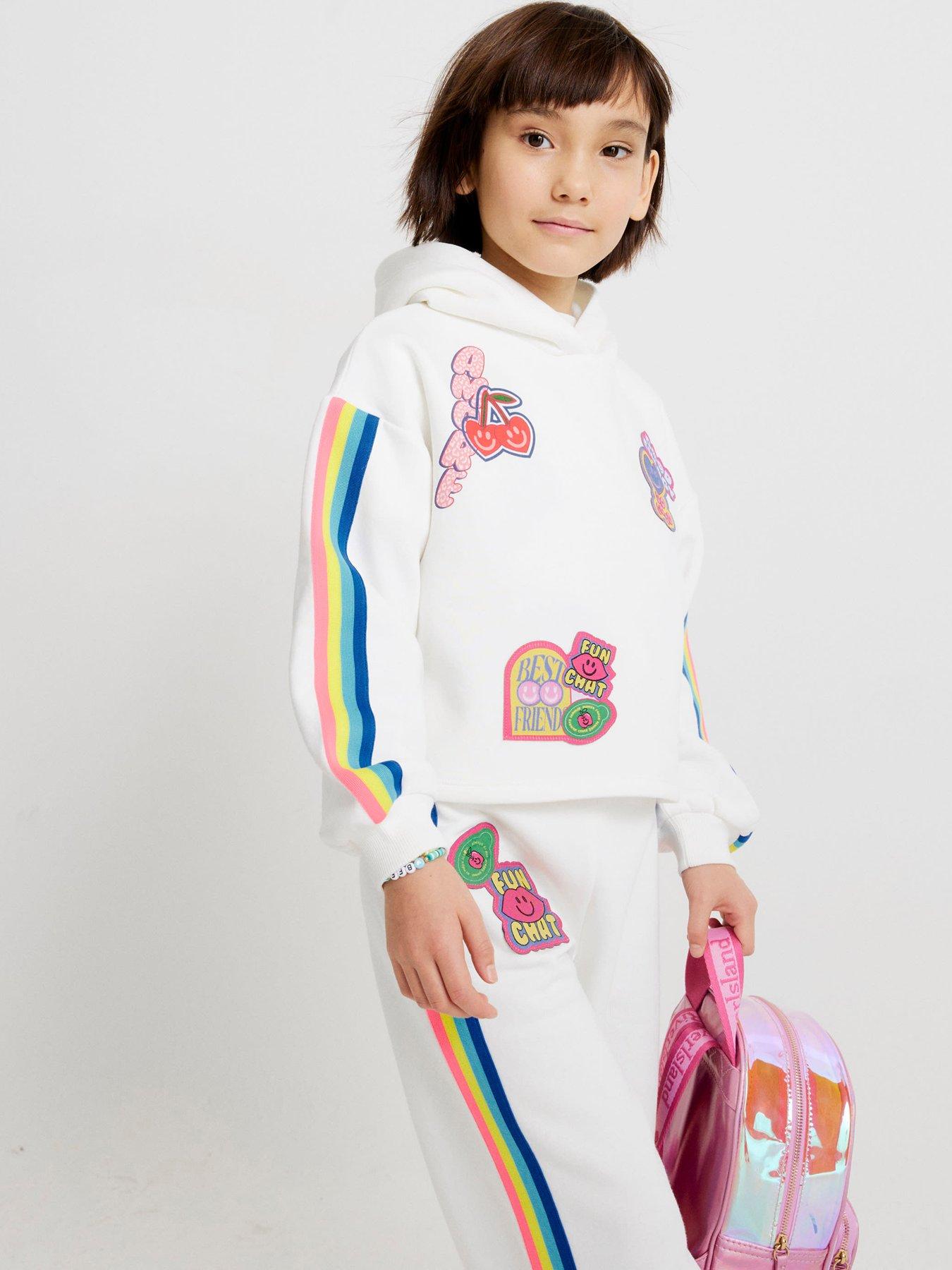 River Island Older Girls Badge Hoodie Tracksuit Set, White, Size Age: 11-12 Years