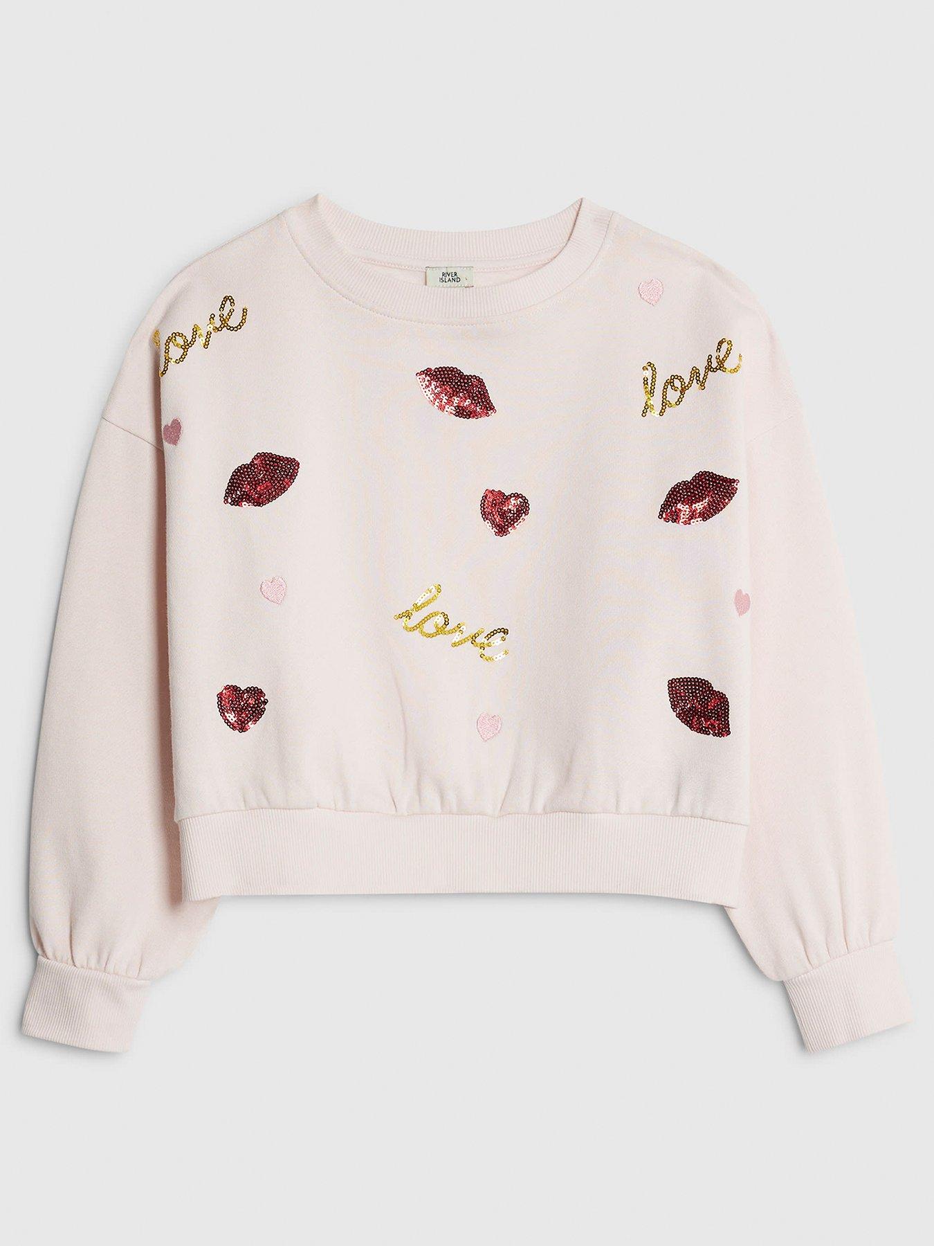 River Island: Older Girls Sequin Embellished Lips Sweatshirt - Pink