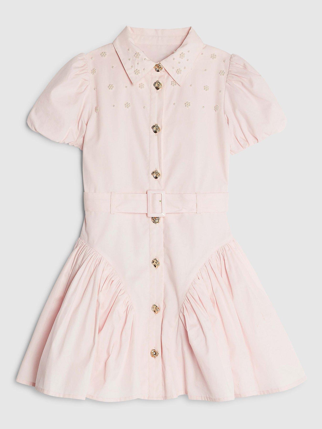 River Island Older Girls Embellished Shirt Dress, Pink, Size Age: 7 Years
