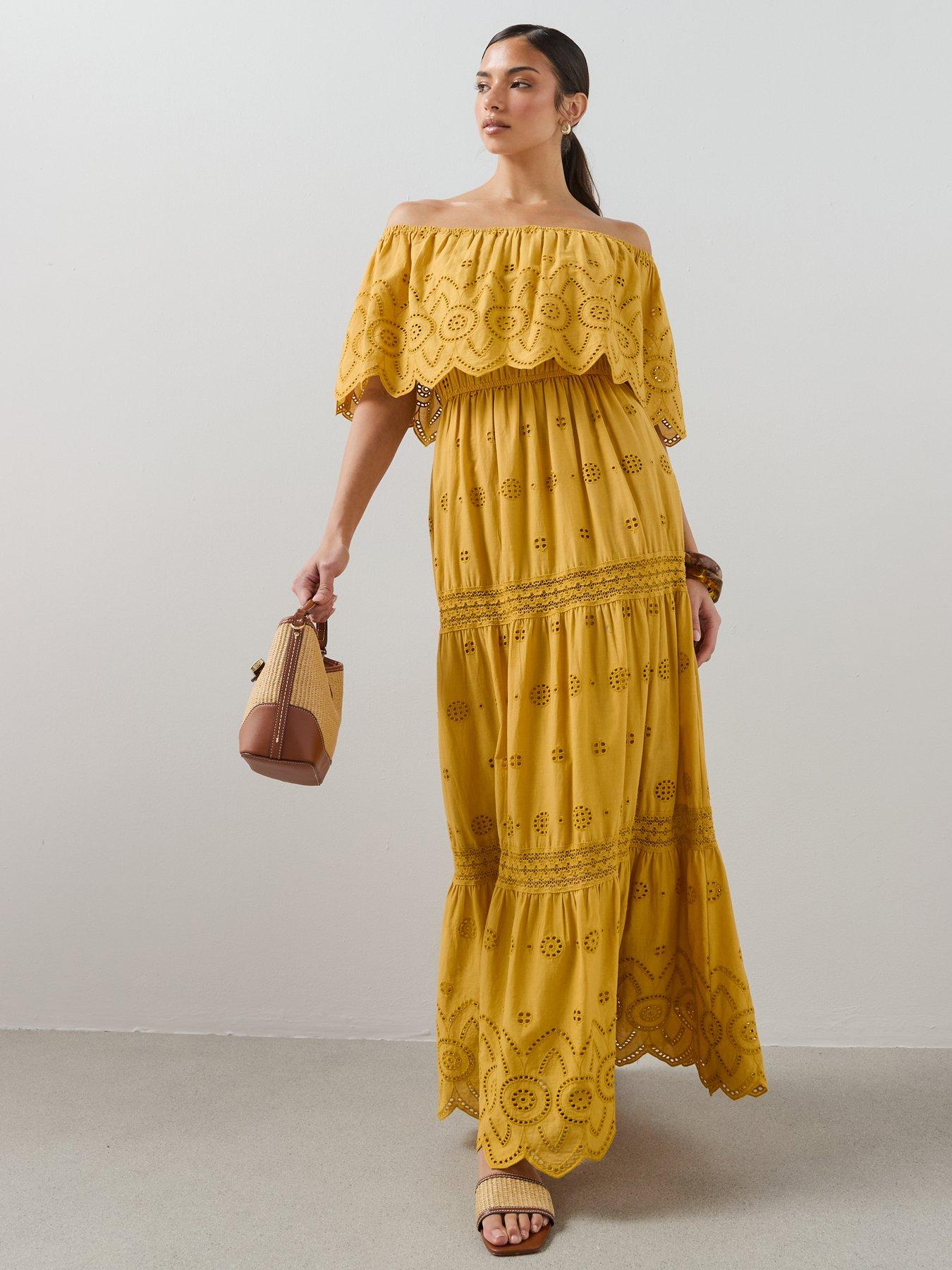 bardot gold dress The Very Collection Broderie Maxi - Vintage Formal Dresses