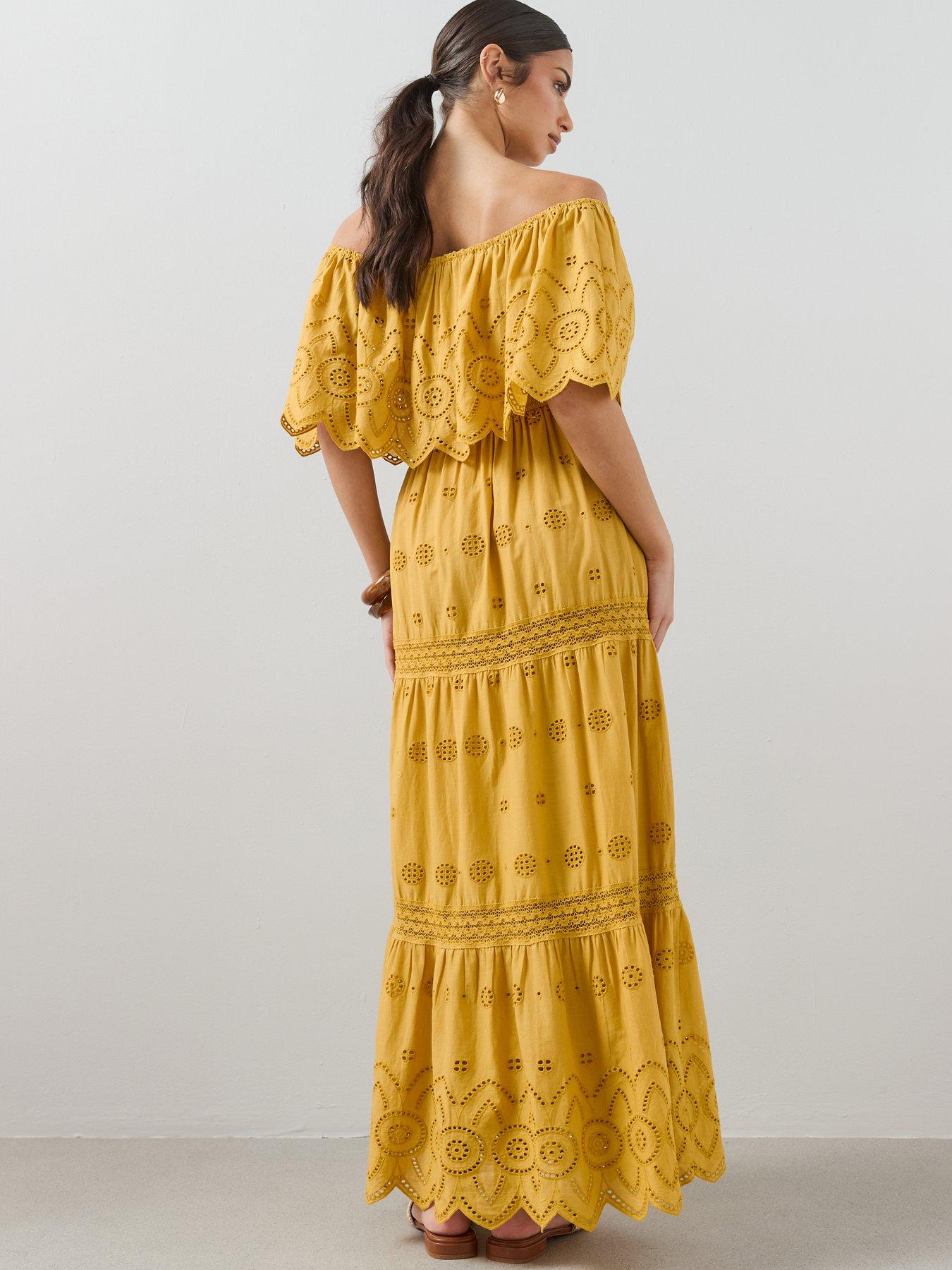 Image 2 of 7 of The Very Collection Broderie Bardot Maxi Dress - Gold