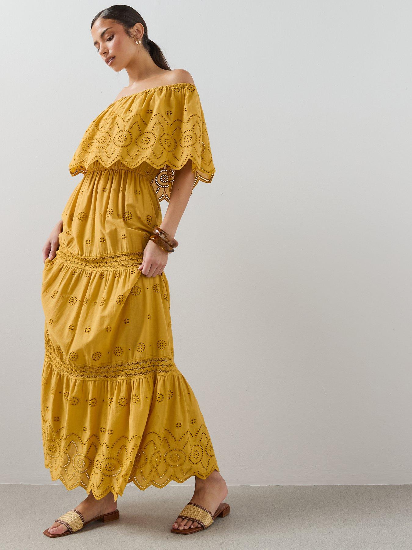 Image 3 of 7 of The Very Collection Broderie Bardot Maxi Dress - Gold