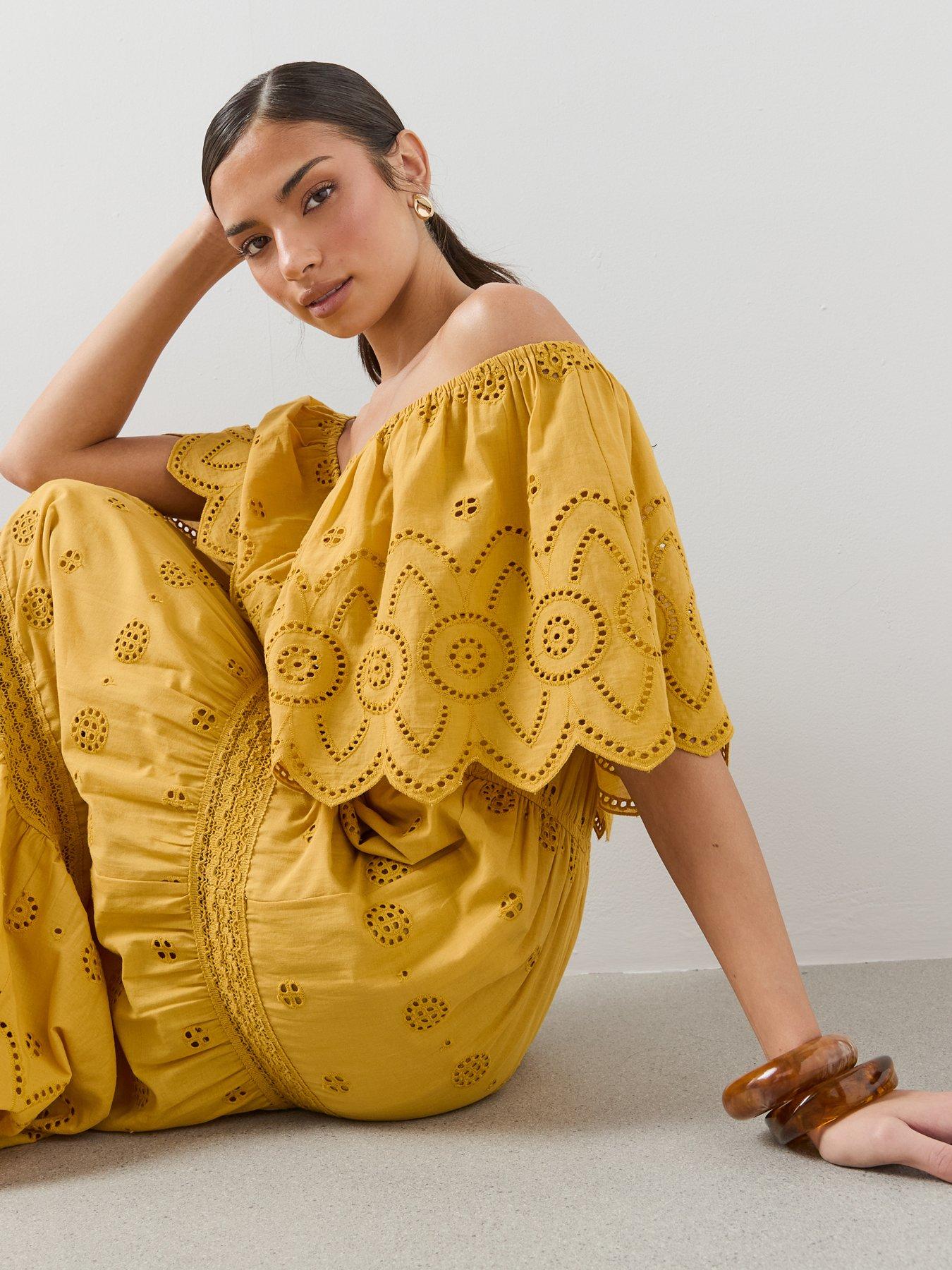Image 5 of 7 of The Very Collection Broderie Bardot Maxi Dress - Gold