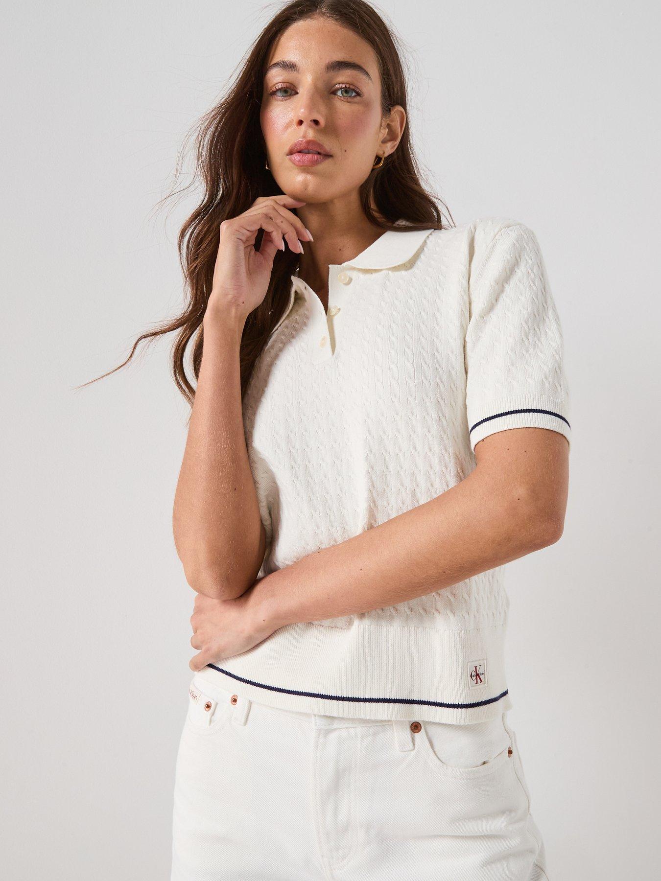 Calvin Klein Jeans Short Sleeve Woven Label Cropped Cable Polo Top - White