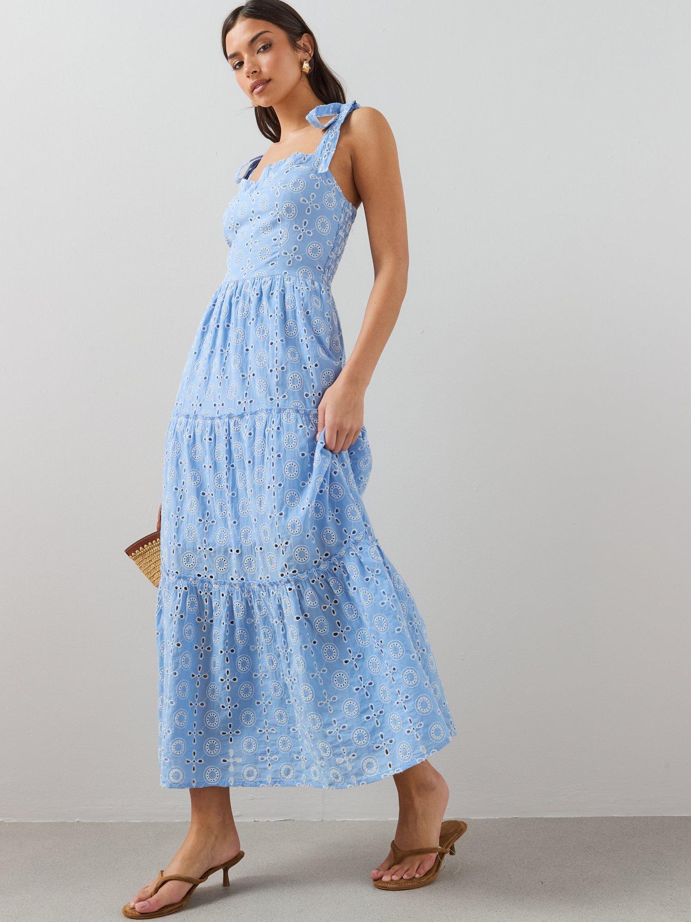 The Very Collection Tie Shoulder Dropped Waist Contrast Broderie Tiered Midi Dress