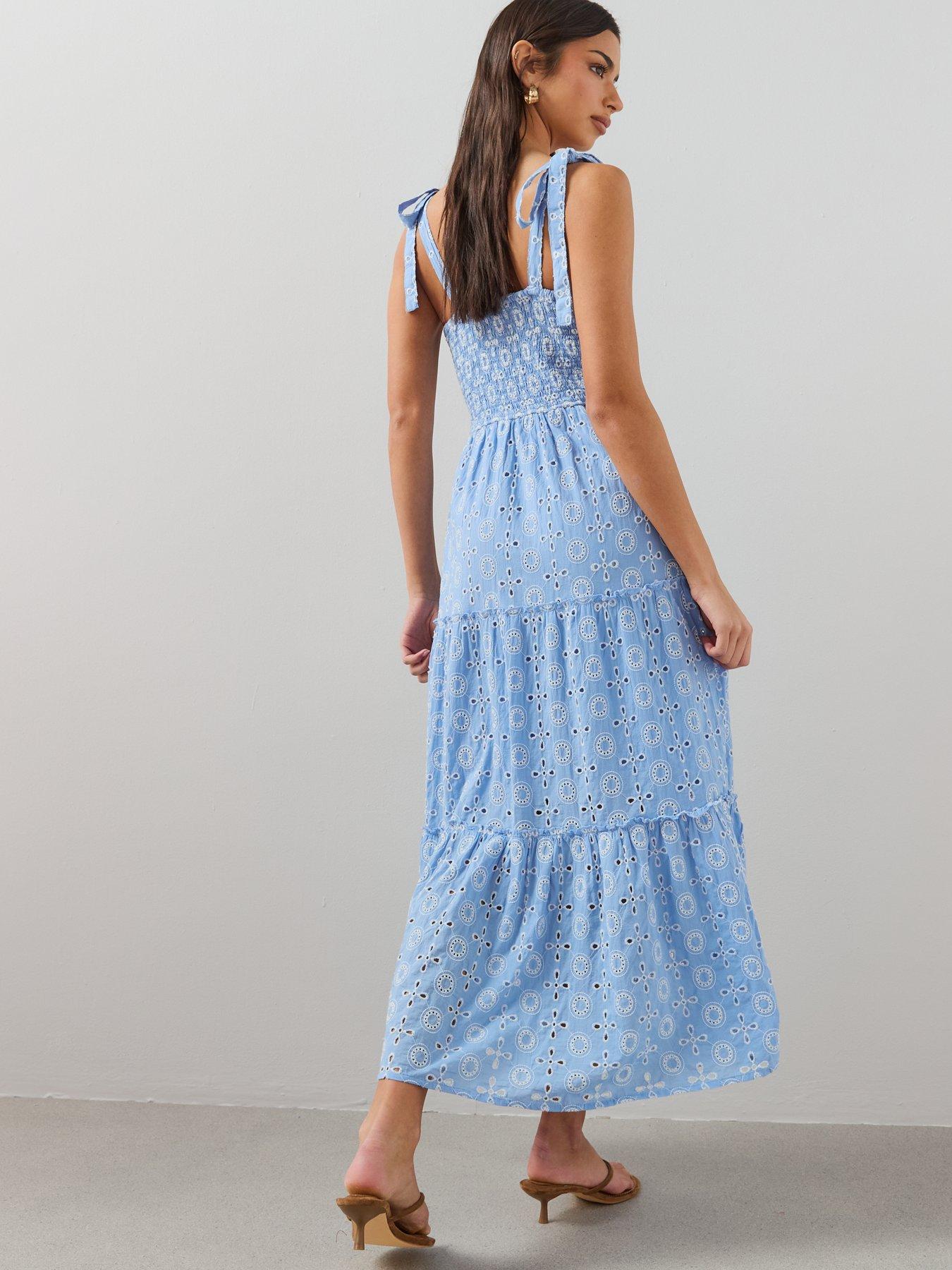 The Very Collection Tie Shoulder Dropped Waist Contrast Broderie Tiered  Midi Dress | Very