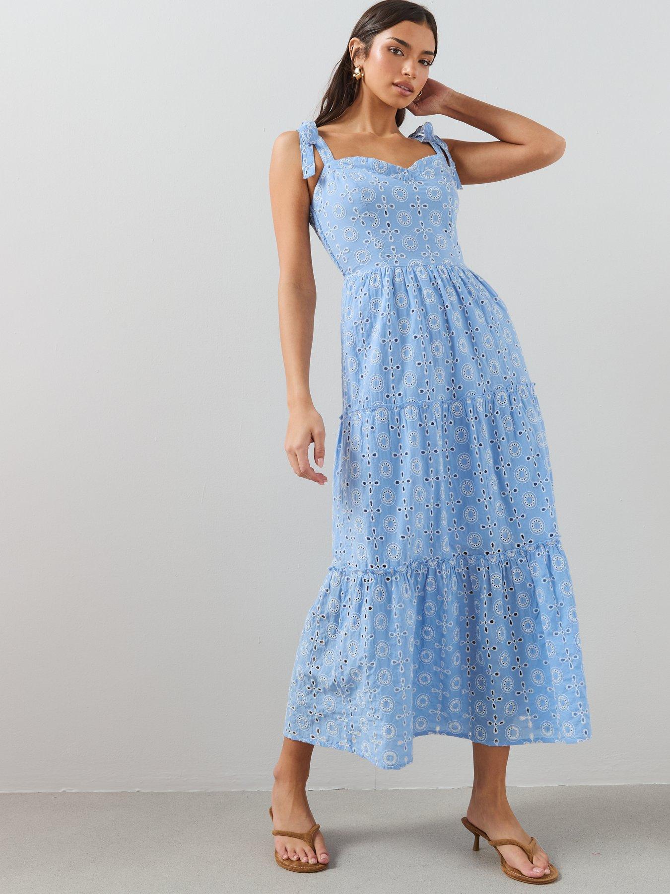 The Very Collection Tie Shoulder Dropped Waist Contrast Broderie Tiered  Midi Dress | Very