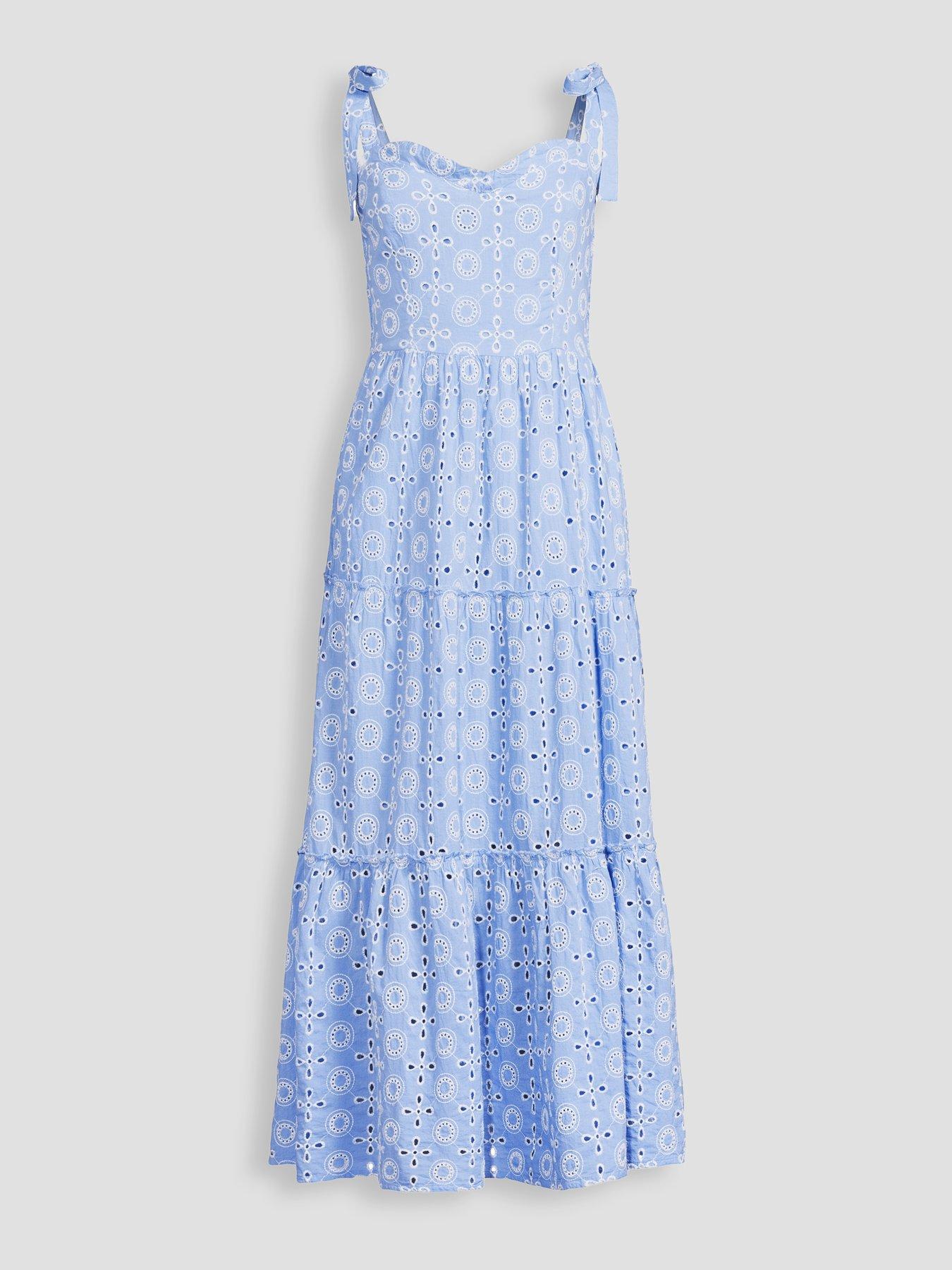 The Very Collection Tie Shoulder Dropped Waist Contrast Broderie Tiered  Midi Dress | Very