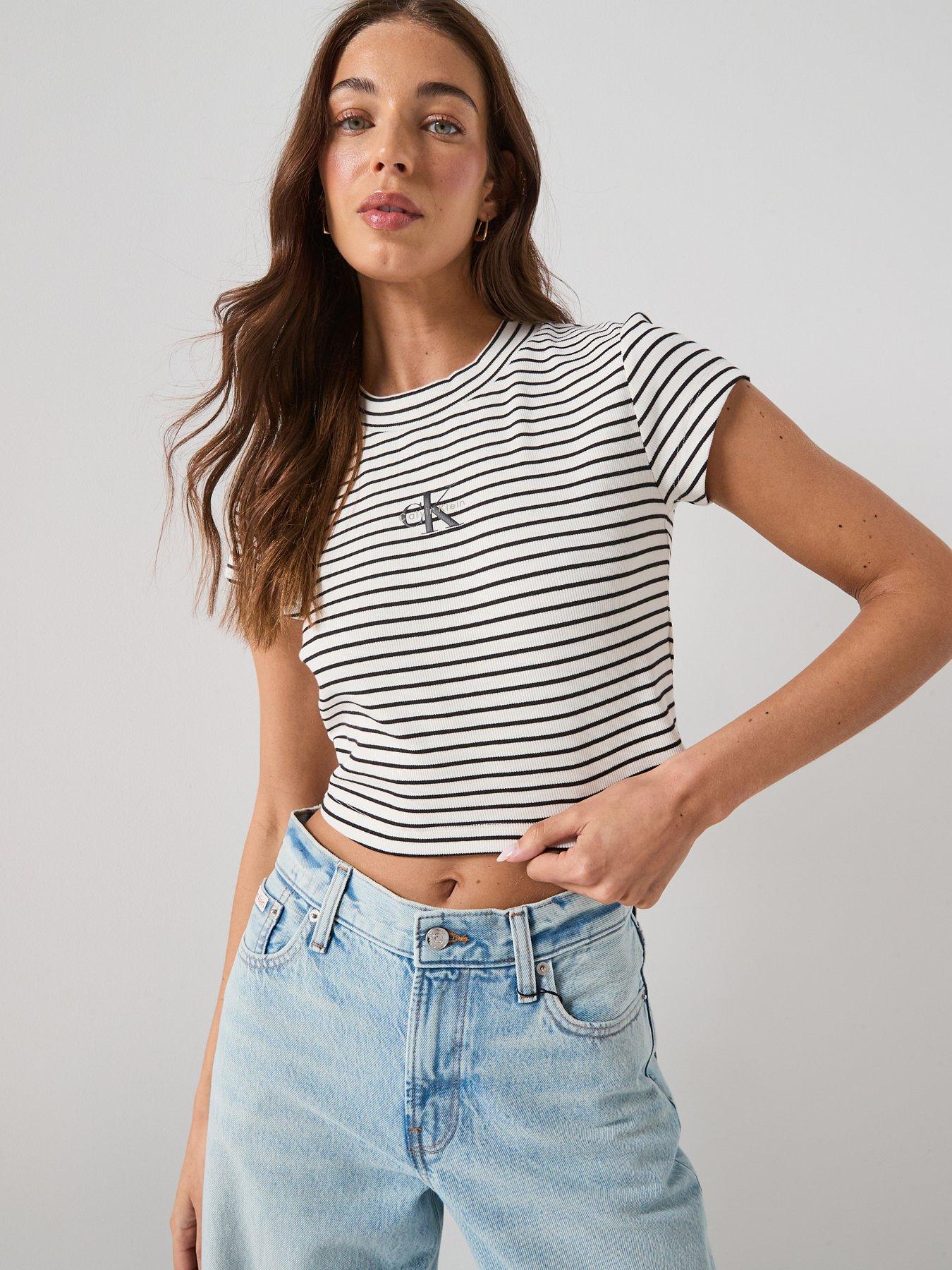 Calvin Klein Jeans Striped Monologo Baby Rib T-Shirt, Black, Size L, Women