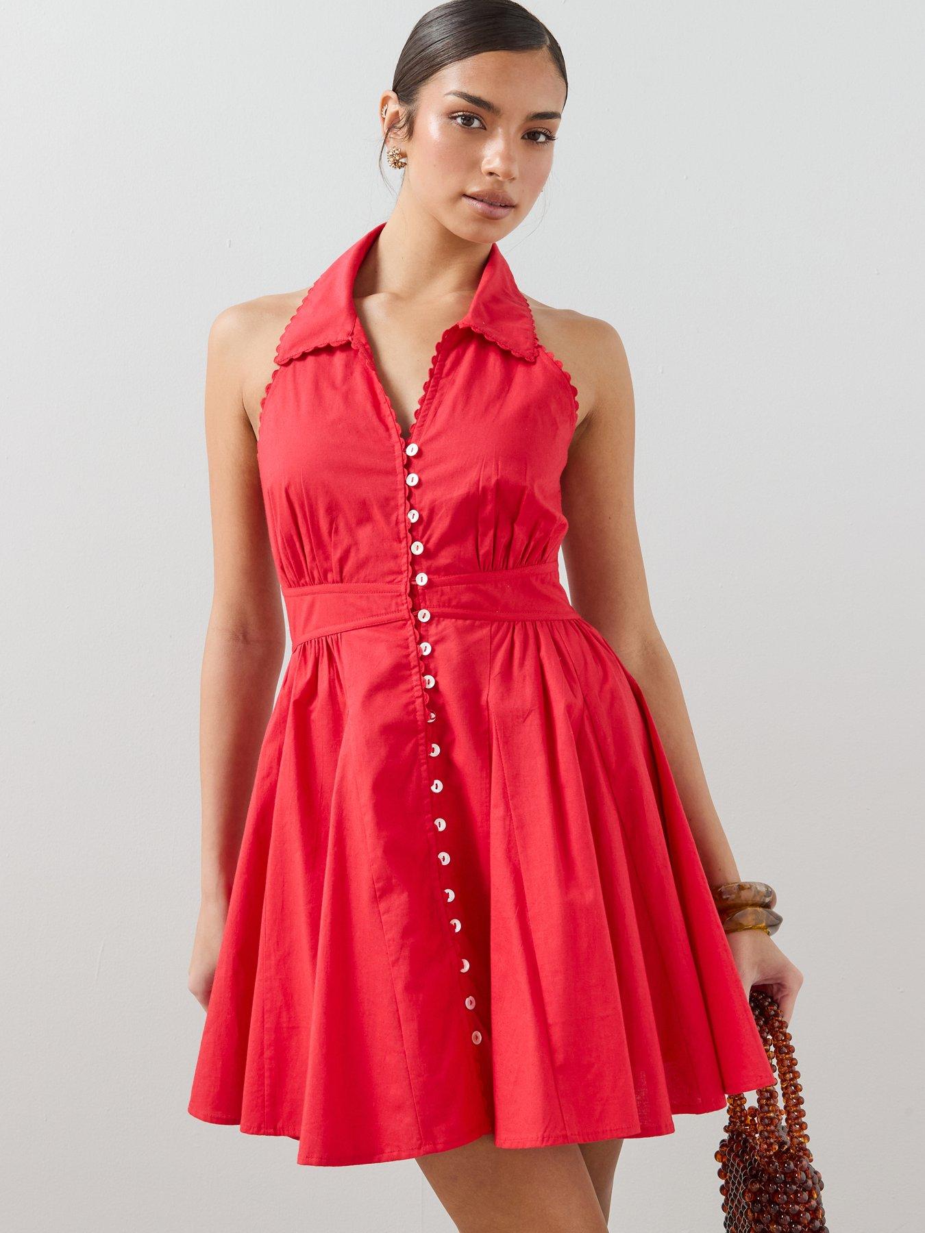 The Very Collection Button Through Godet Insert Mini Dress - Red