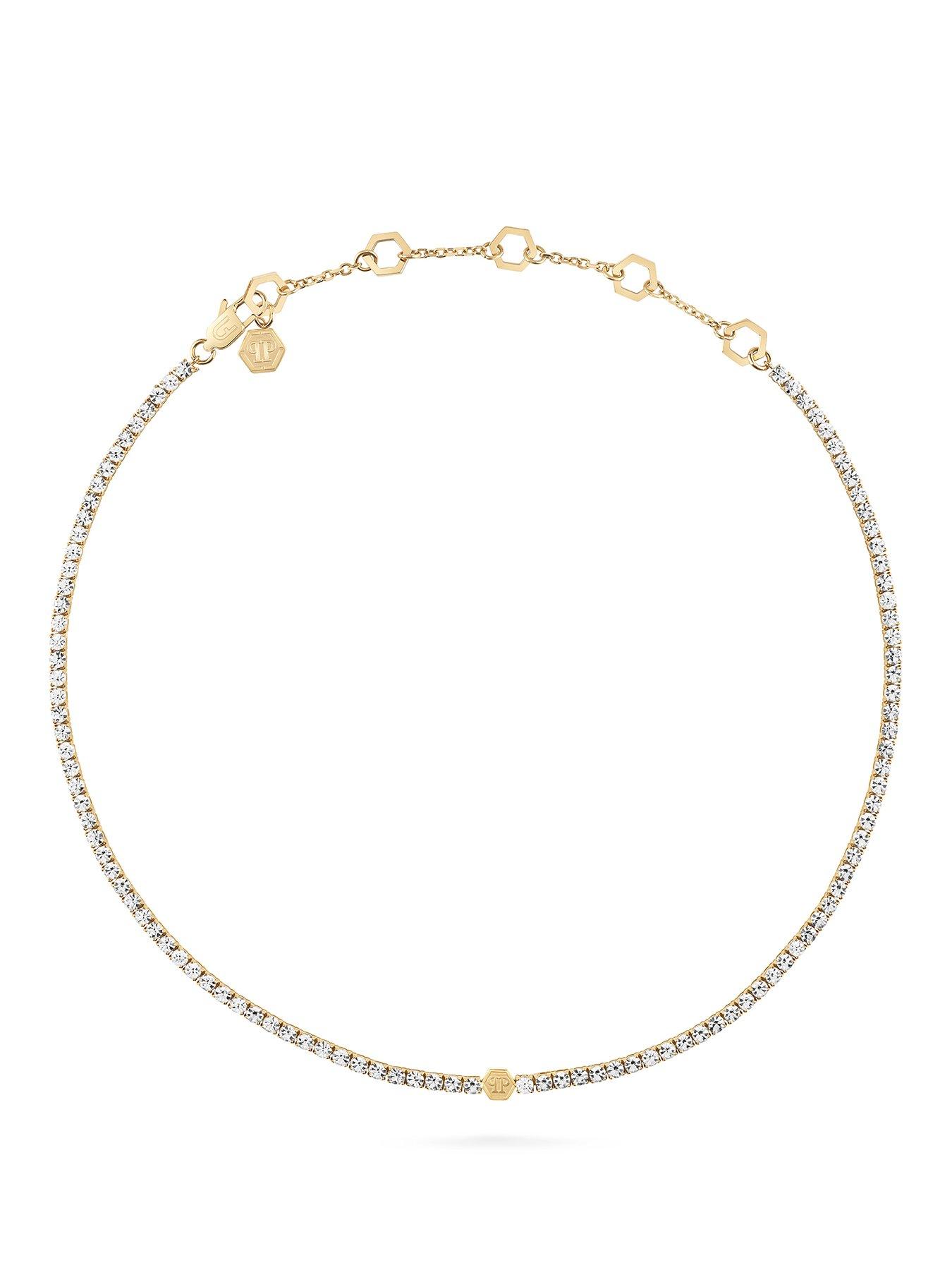 Philipp Plein PLEIN TENNIS, IP Yellow gold tone,  White crystals 3D hexagon necklace