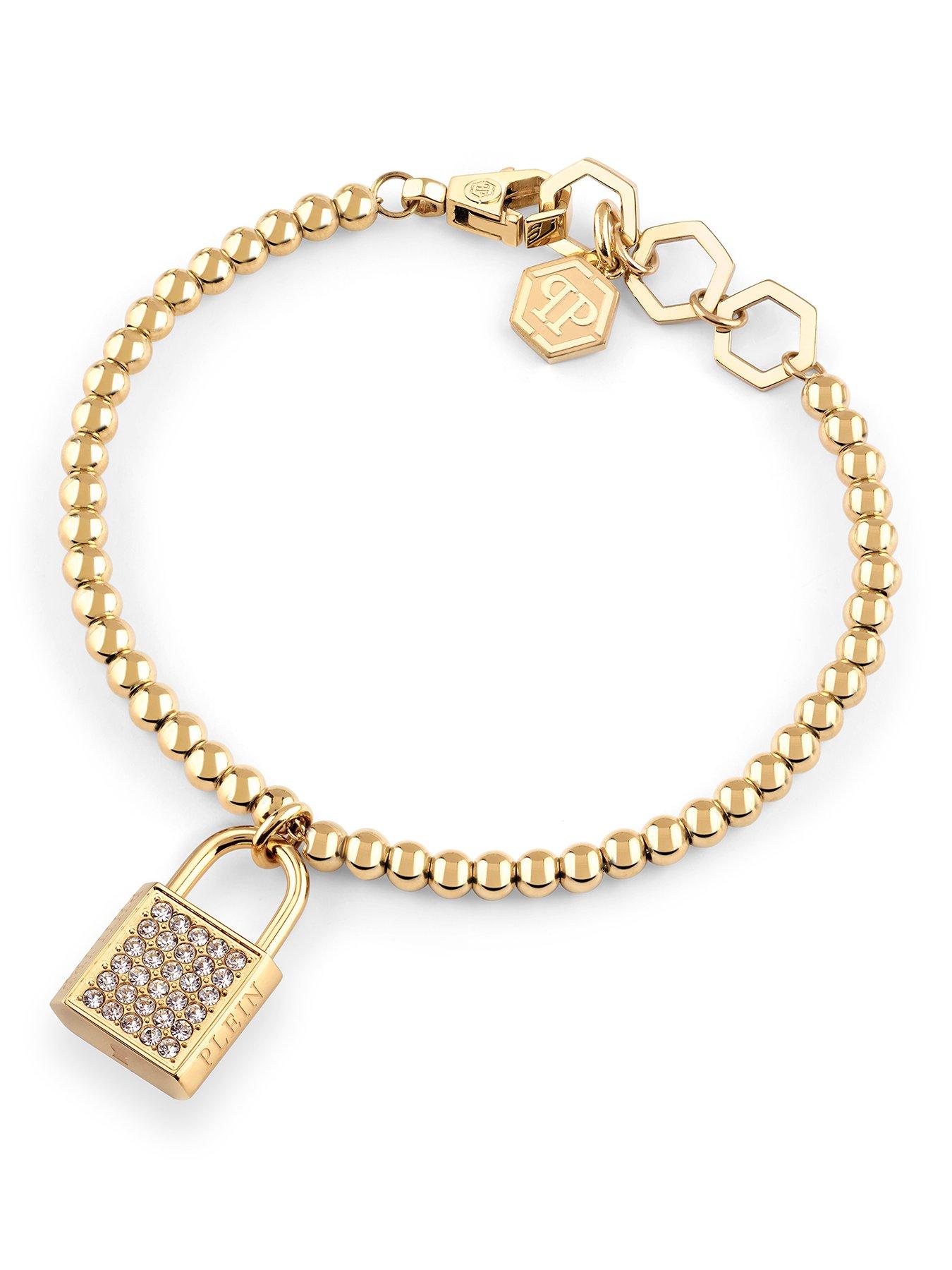 Philipp Plein Valentine Gold Tone White Crystal Lock Detail Bracelet