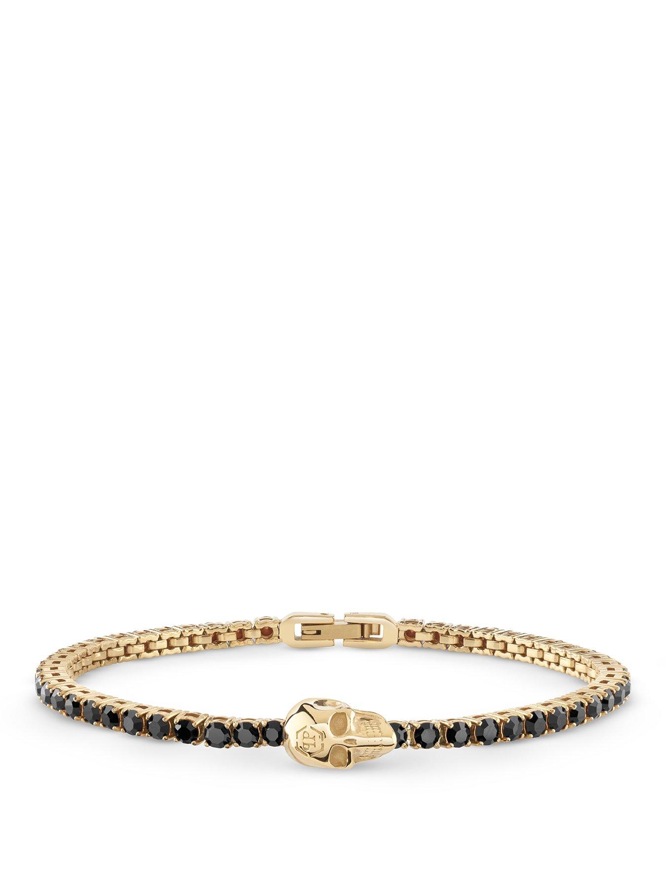 Philipp Plein Tennis, IP Gold Tone Black Crystal Skull Bracelet