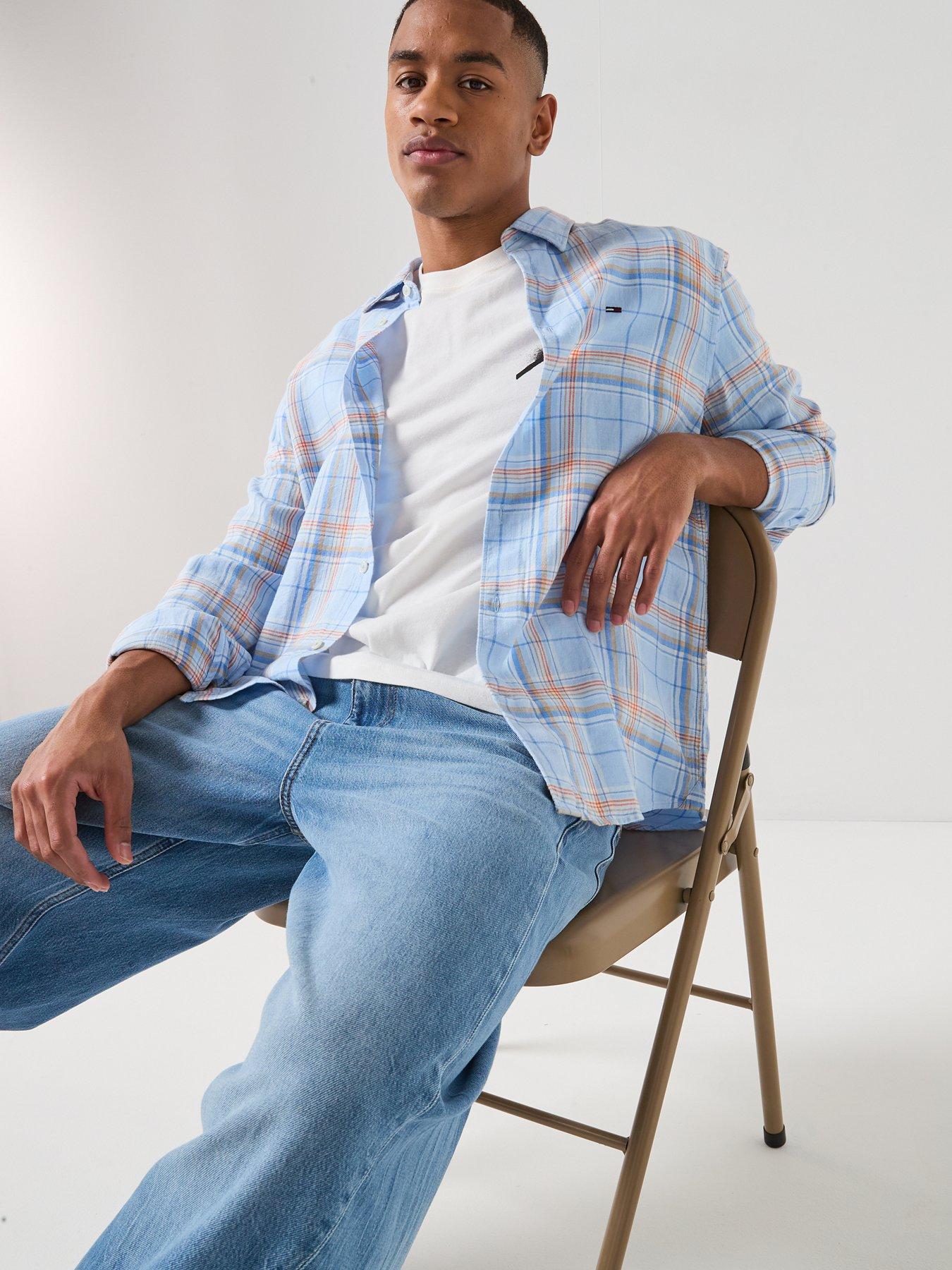 Image 4 of 5 of Tommy Jeans Relaxed Linen Blend Check Shirt - Sweet Blue Big Check