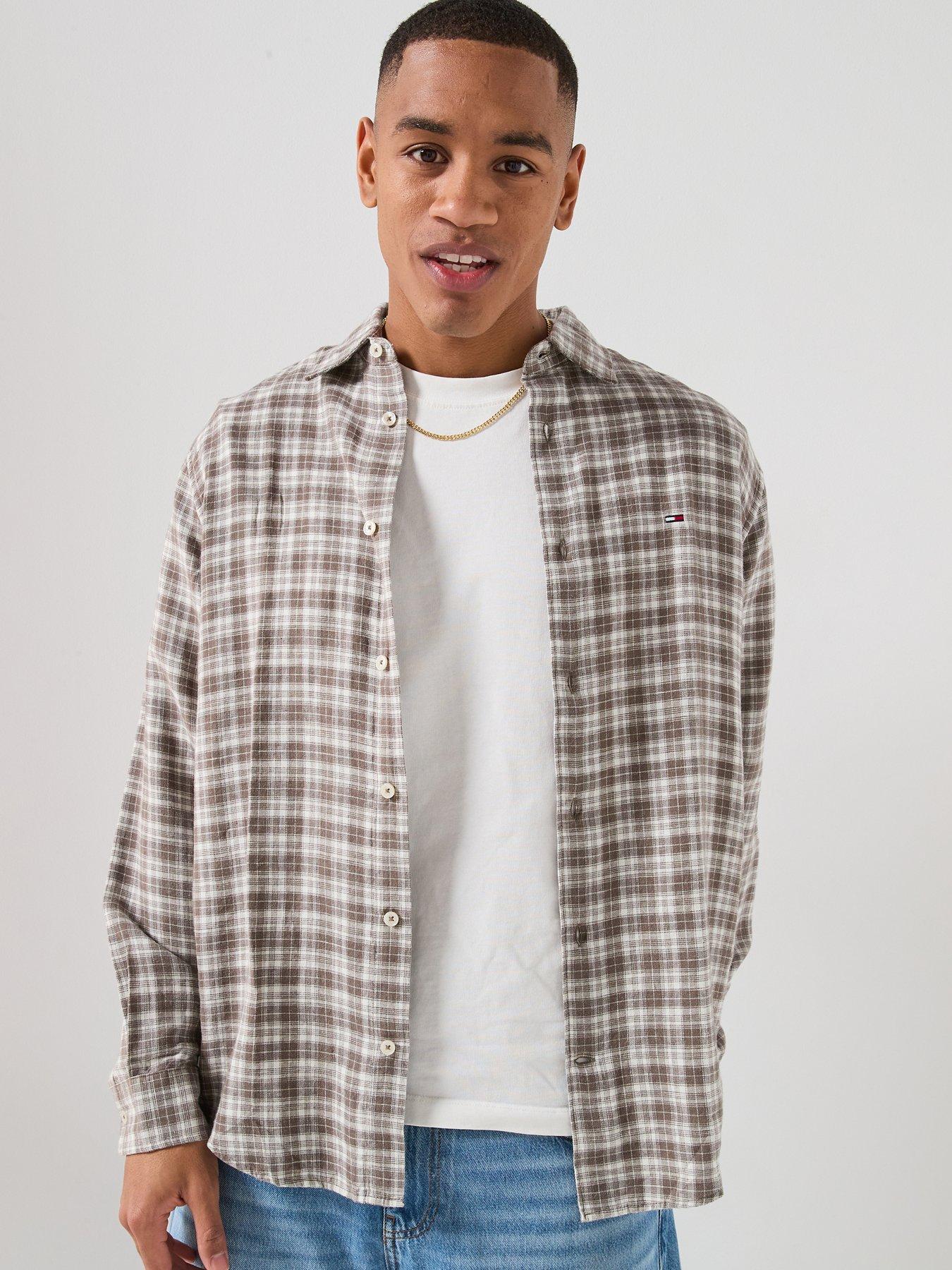 Tommy Jeans Relaxed Linen Blend Check Shirt, Grey, Size M, Men