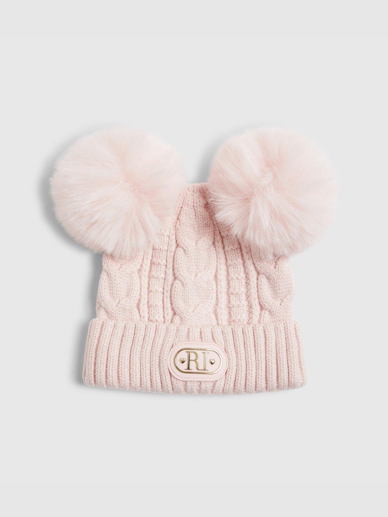 River Island Baby Girls Double Pom Bow Beanie Hat - Pink